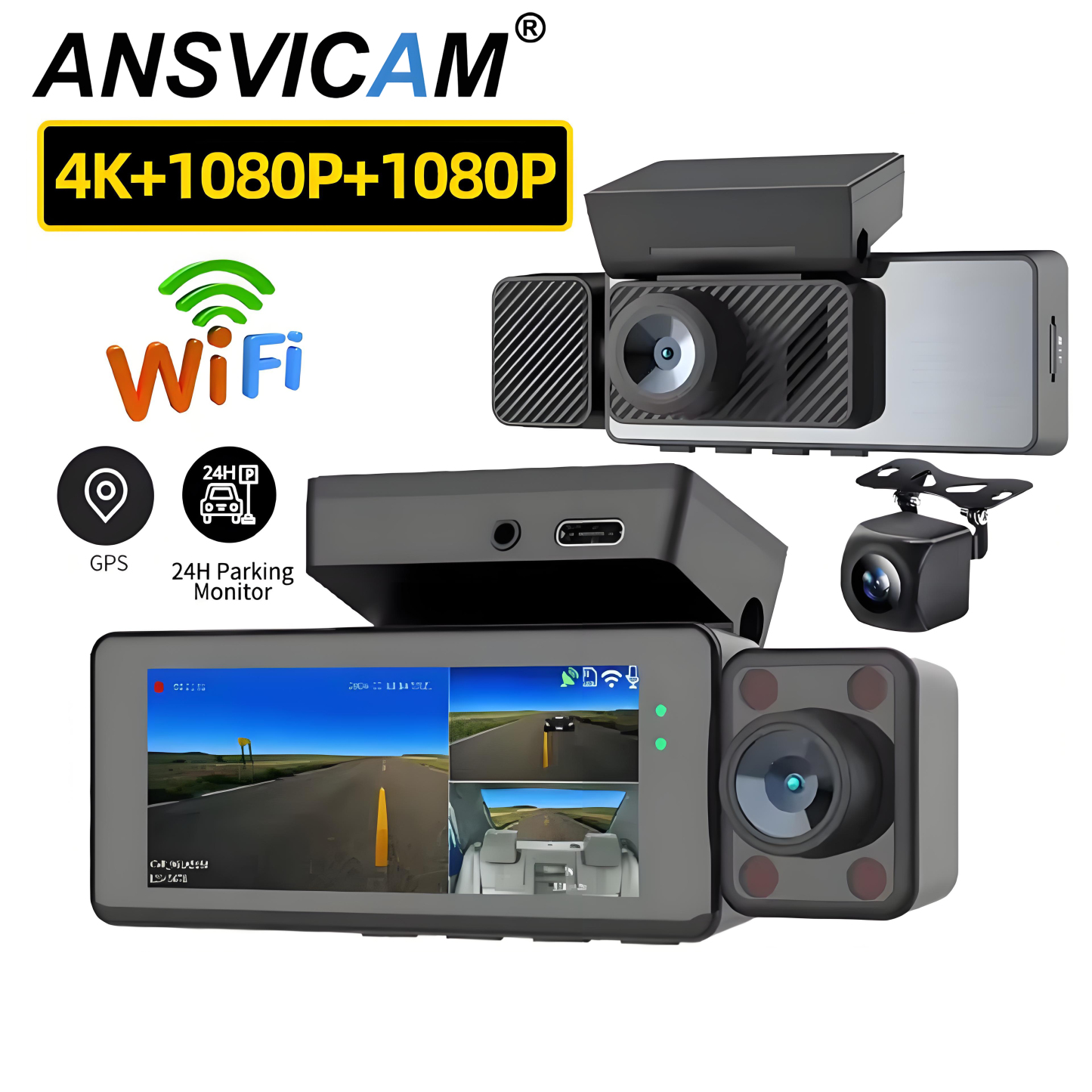 4K Car DVR 3-Channel Dash Cam Front Inside Rear View GPS WIFI Black Box 3 Lens Dash Cam Video Recorder Camera Car Accessories