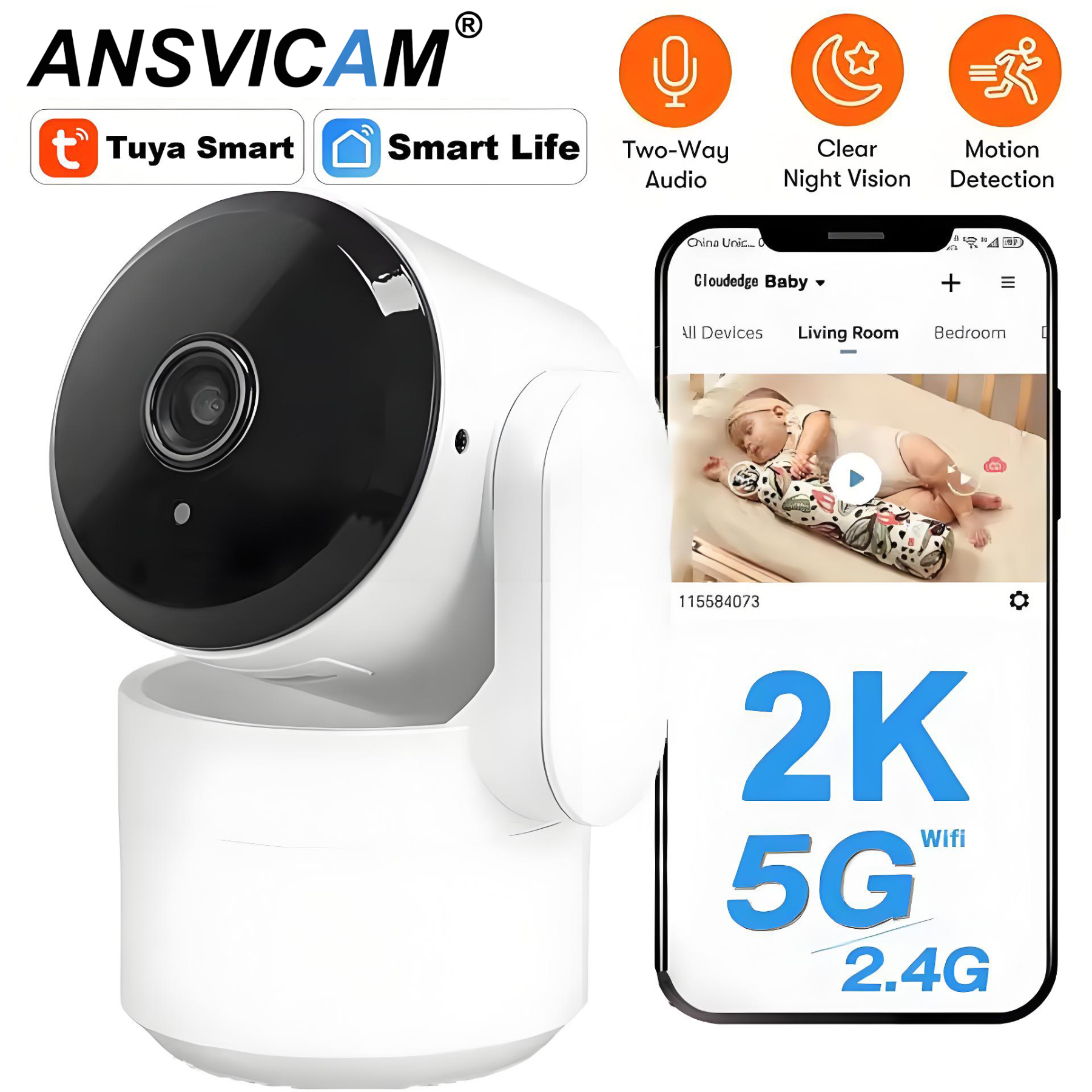 2K 5G/2.4G Wi-Fi Indoor Security Camera HD 360-Degree Pan Baby Pet Monitor IP Camera 2-Way Audio Home Security Surveillance