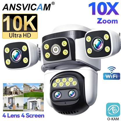 10K 20MP Four Screen Four Lens Outdoor WiFi Camera 10X Zoom PTZ 360° Security Protection Camera Auto Tracking CCTV Surveillance
