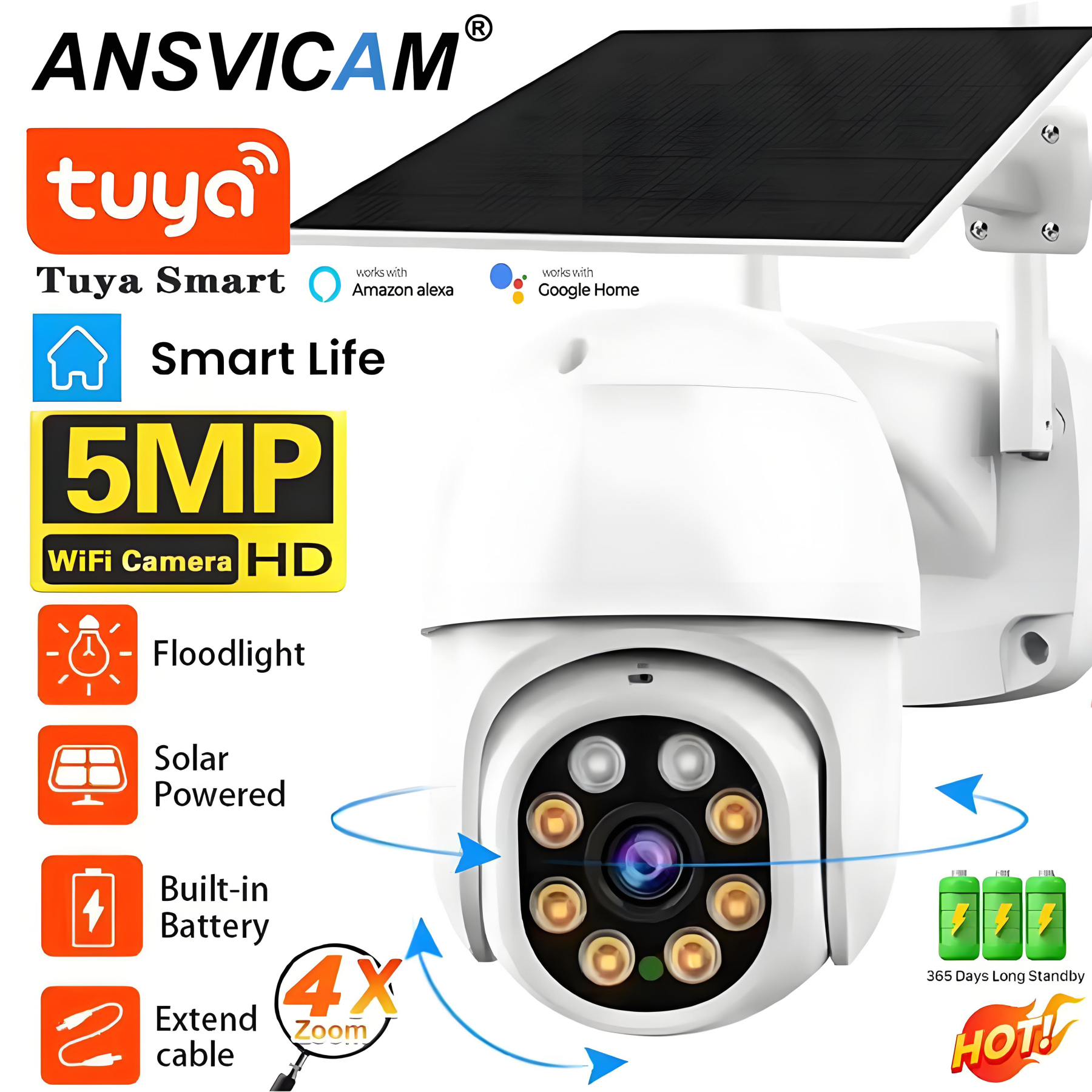 Tuya Solar WiFi Camera Outdoor HD 5MP Low Power Battery PTZ Security Camera PIR Auto Tracking IR Night Vision Surveillance Cam