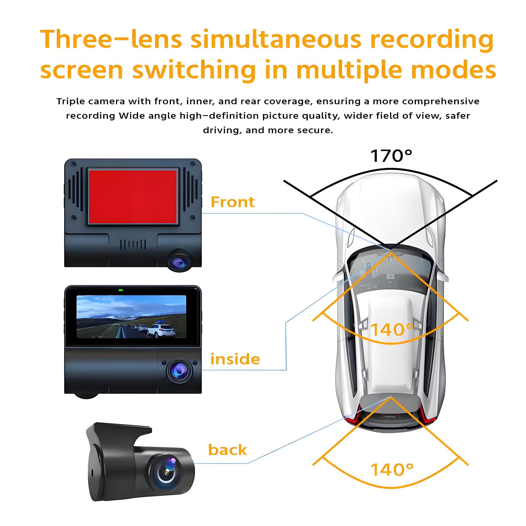 3 Channel Dash Cam 4K+1k+1k UHD Triple Dashcam with Front and Rear Inside Car DVRs Camera Built-in GPS Loop Recording Camcorder