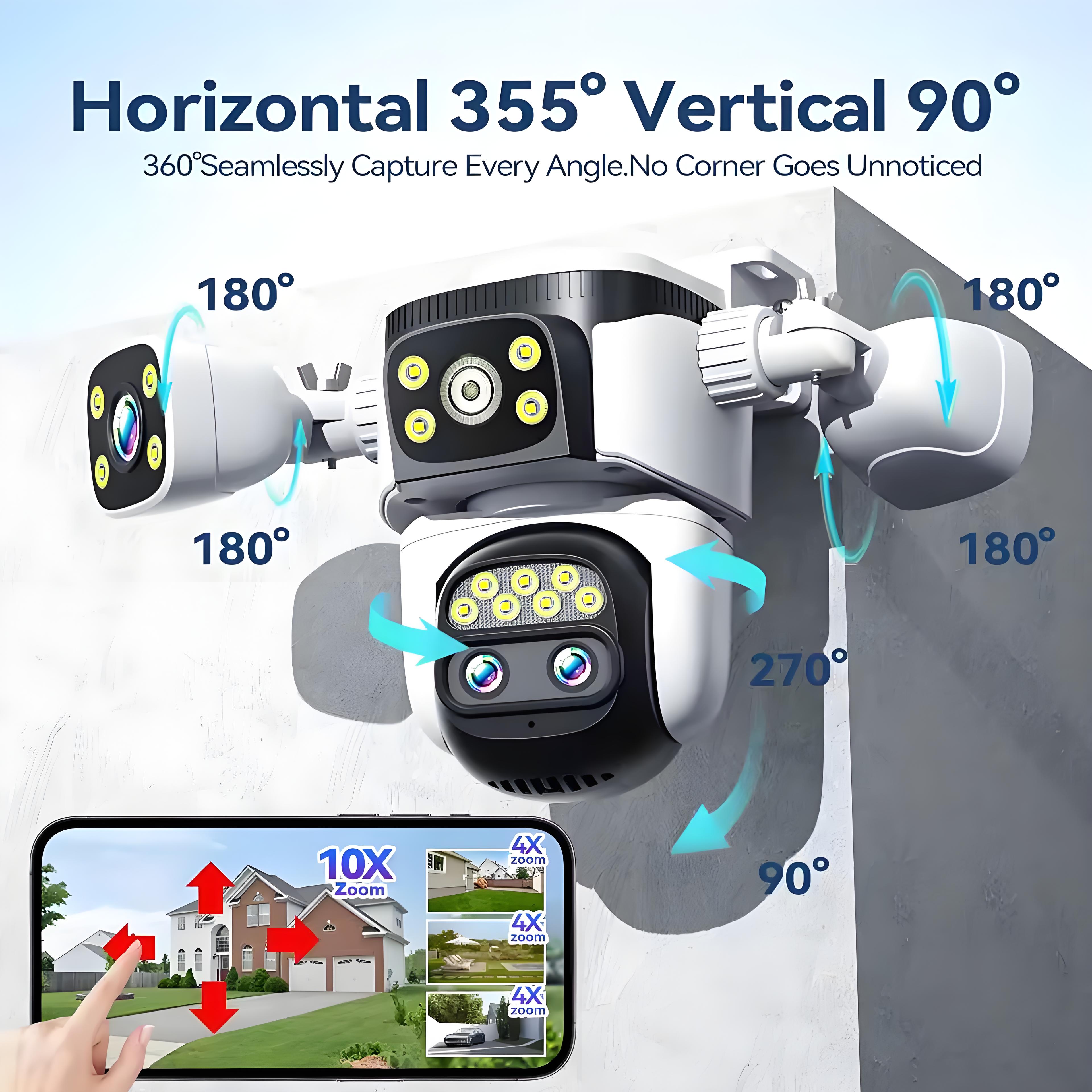 10K 20MP Four Screen Four Lens Outdoor WiFi Camera 10X Zoom PTZ 360° Security Protection Camera Auto Tracking CCTV Surveillance