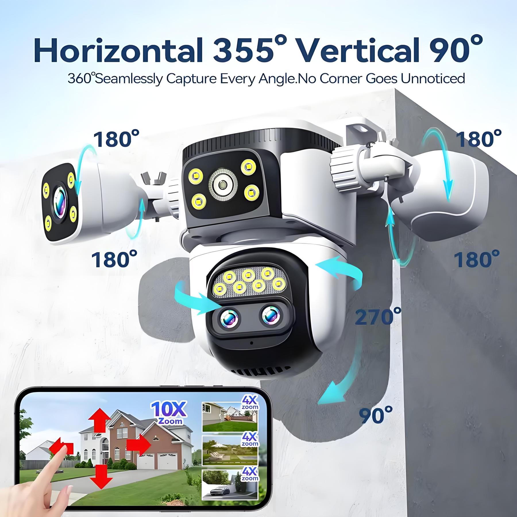 10K 20MP Four Screen Four Lens Outdoor WiFi Camera 10X Zoom PTZ 360° Security Protection Camera Auto Tracking CCTV Surveillance