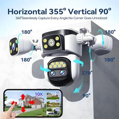 10K 20MP Four Screen Four Lens Outdoor WiFi Camera 10X Zoom PTZ 360° Security Protection Camera Auto Tracking CCTV Surveillance