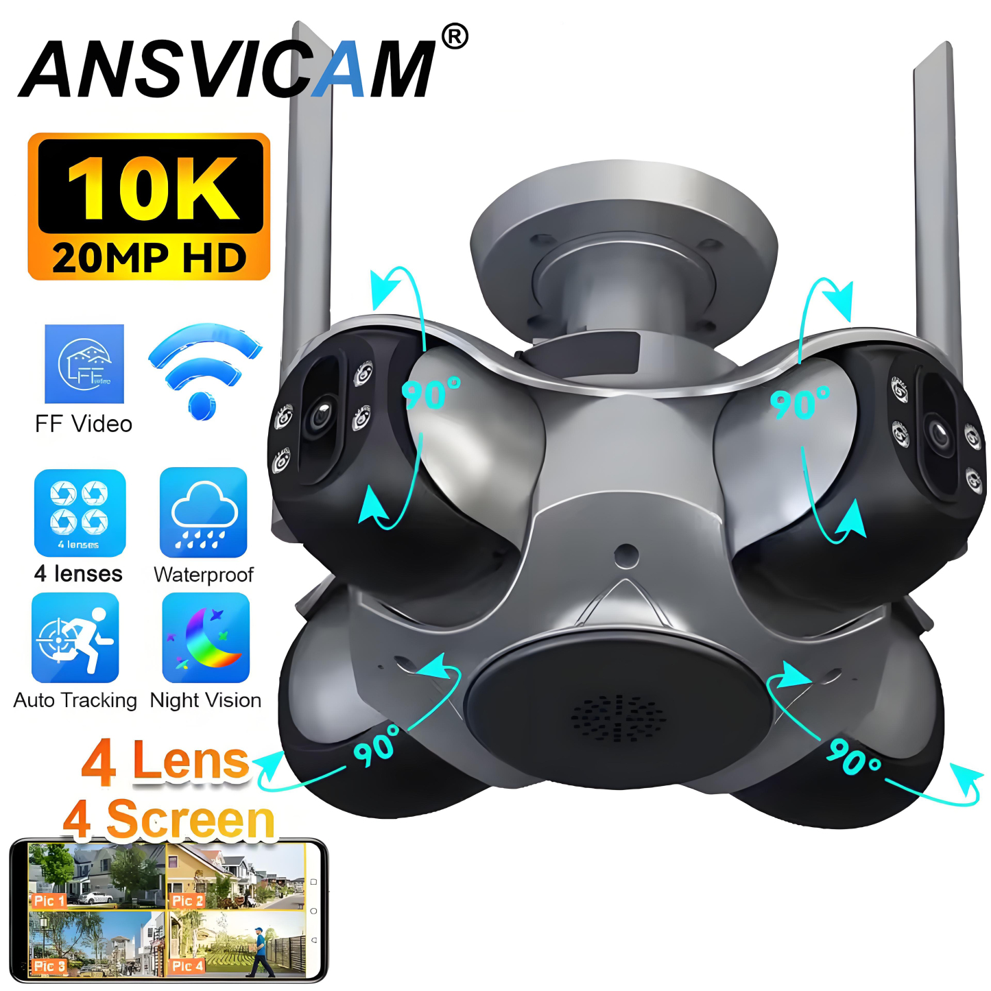 10K 20MP Home Security Outdoor WiFi Camera 4 Lens 4 Screen PTZ CCTV Wireless Surveillance Security Protection Auto Tracking Cam