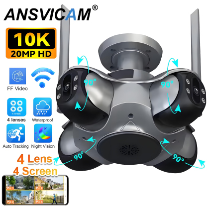 10K 20MP Home Security Outdoor WiFi Camera 4 Lens 4 Screen PTZ CCTV Wireless Surveillance Security Protection Auto Tracking Cam