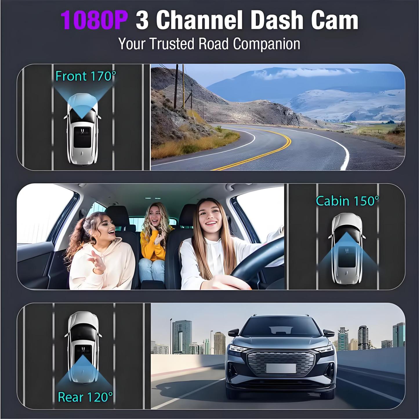 3 Channel Car DVR HD 1080P 3 Len Inside Vehicle GPS Dash Cam Three Way Camera DVR Recorder 24H Parking Monitor Dashcam Camcorder