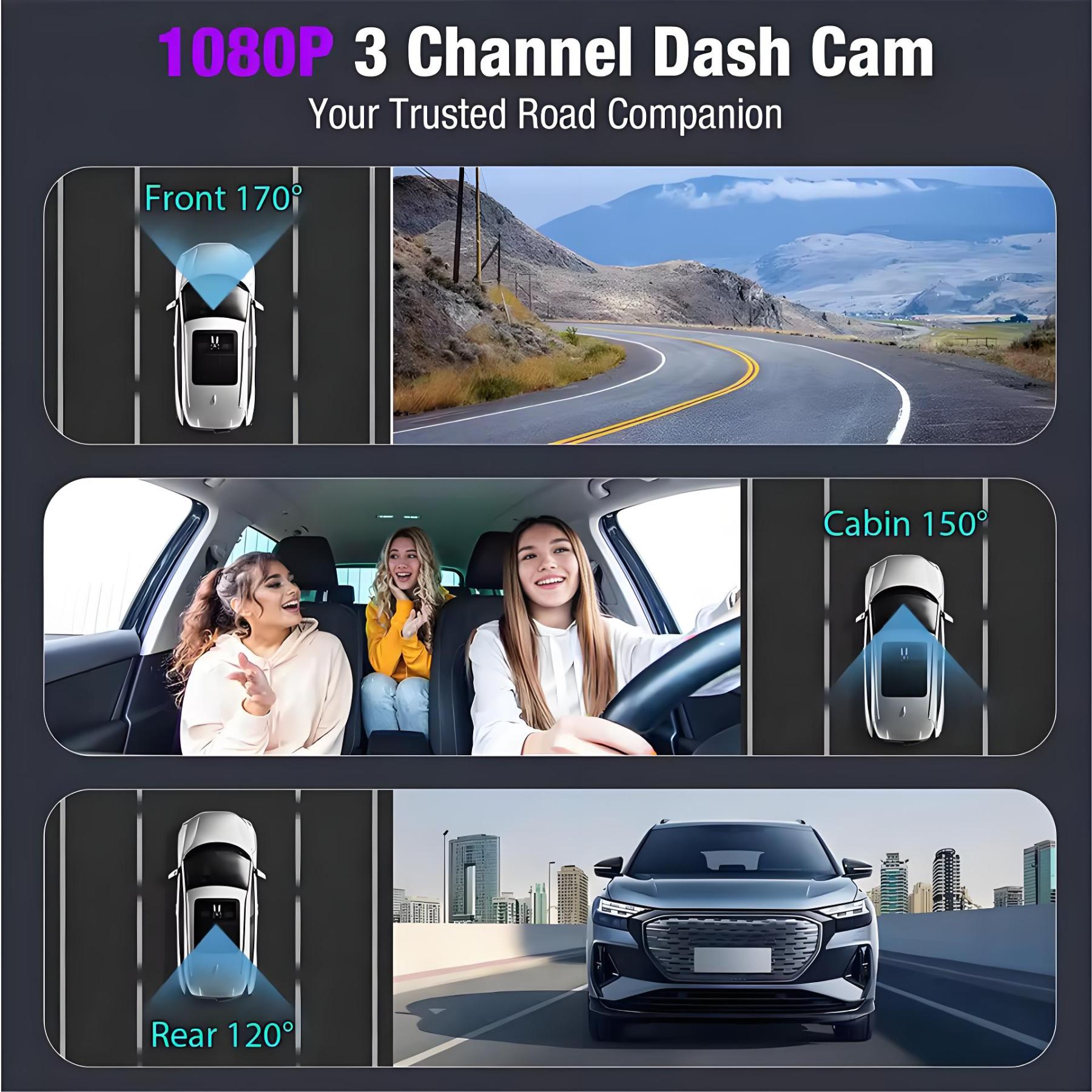3 Channel Car DVR HD 1080P 3 Len Inside Vehicle GPS Dash Cam Three Way Camera DVR Recorder 24H Parking Monitor Dashcam Camcorder