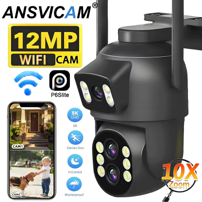 12MP Wifi Dual Lens Outdoor Camera 10X Zoom HD Dual Screens PIZ IP Camera Night Vision Security Protection Câmera P6Slite APP