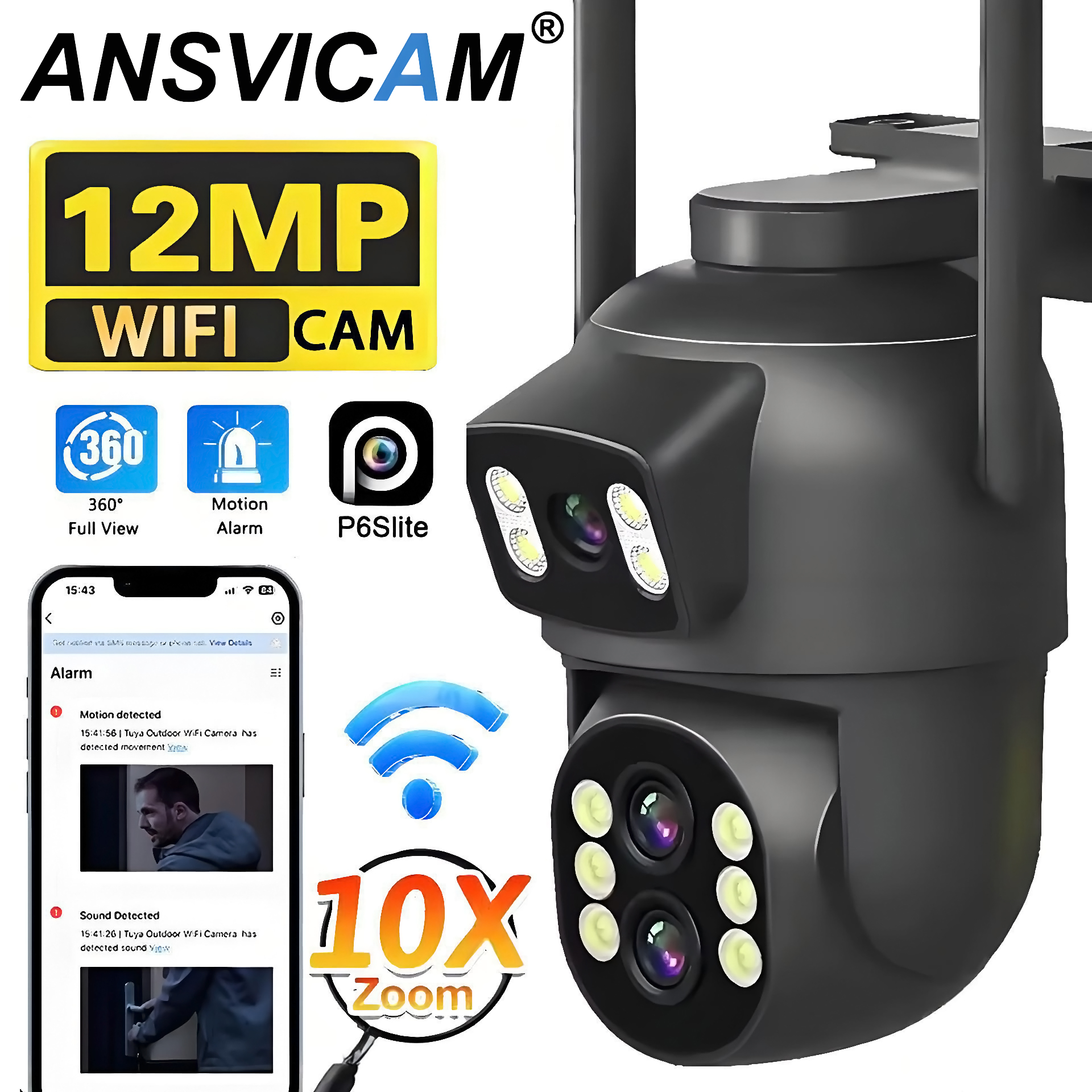 12MP Dual Lens WiFi Camera Outdoor 10x Zoom 4K Dual Screen PTZ Camera PIR Auto Tracking Security-protection Video Surveillance