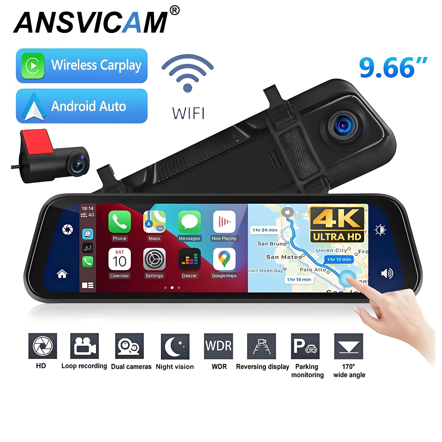 UHD 4K Mirror Dual Lens Camera Car DVR Carplay & Android Auto 2CH Dash Cam Touch Screen Video Recorder Rearview Drive Dashcam