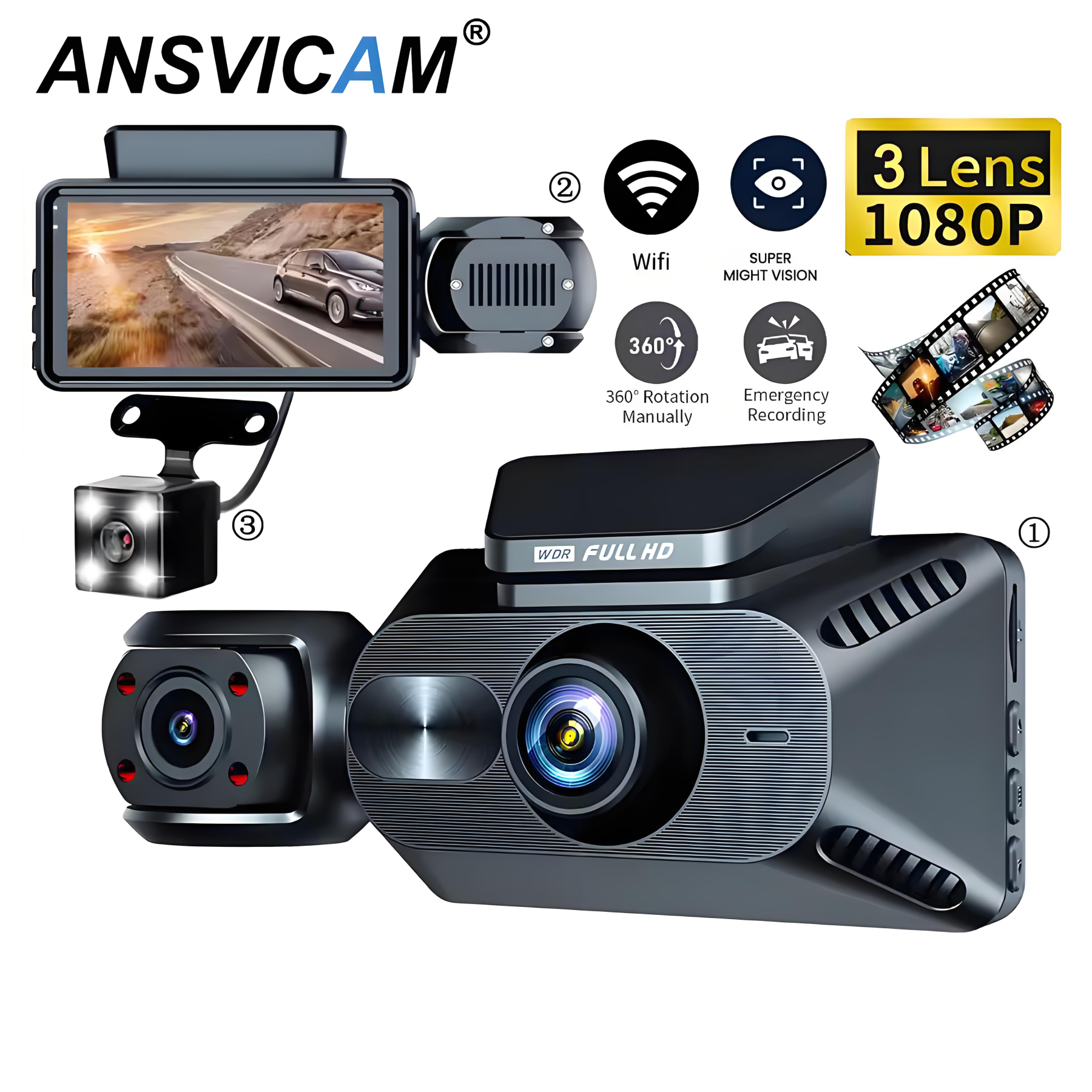 3 Channel Dash Cam Car DVR 1080P Dashcam Front and Inside Triple Dash Camera Night Vision Motion Detection Car Camera Camcorder