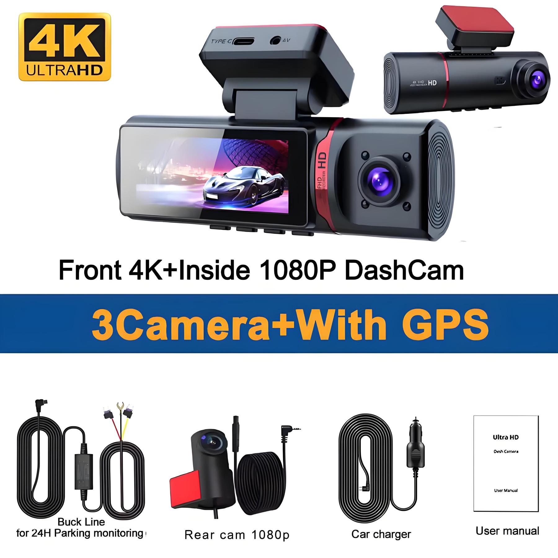3 Camera Dashcam 4K GPS WIFI Front and Rear 3 Channel Car Dvr Dash Cam