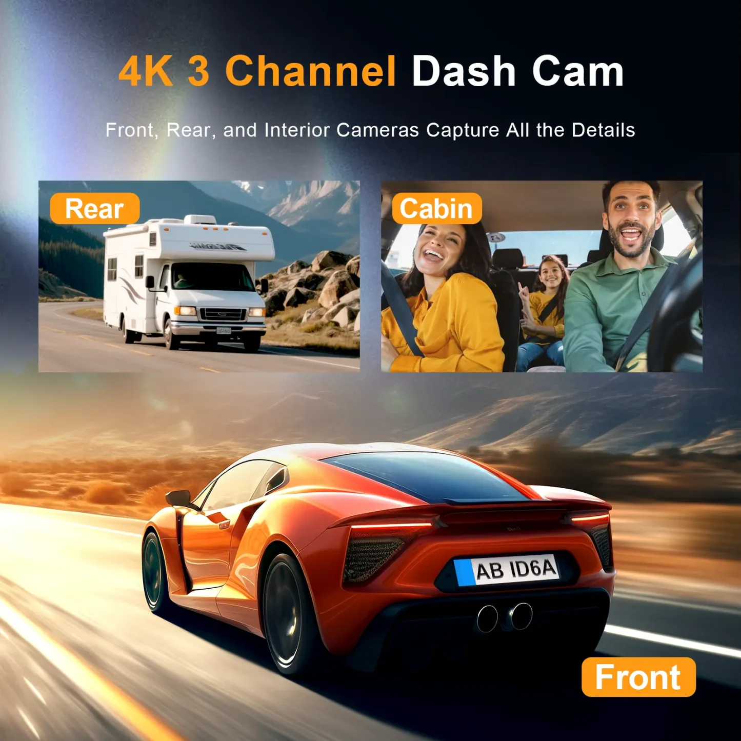 3 Channel 4K Dash Cam 5.8Ghz Wifi Dash Camera 4K+2K Front and Rear Inside Triple Car Camera Built-In GPS IR Night Vision Car DVR