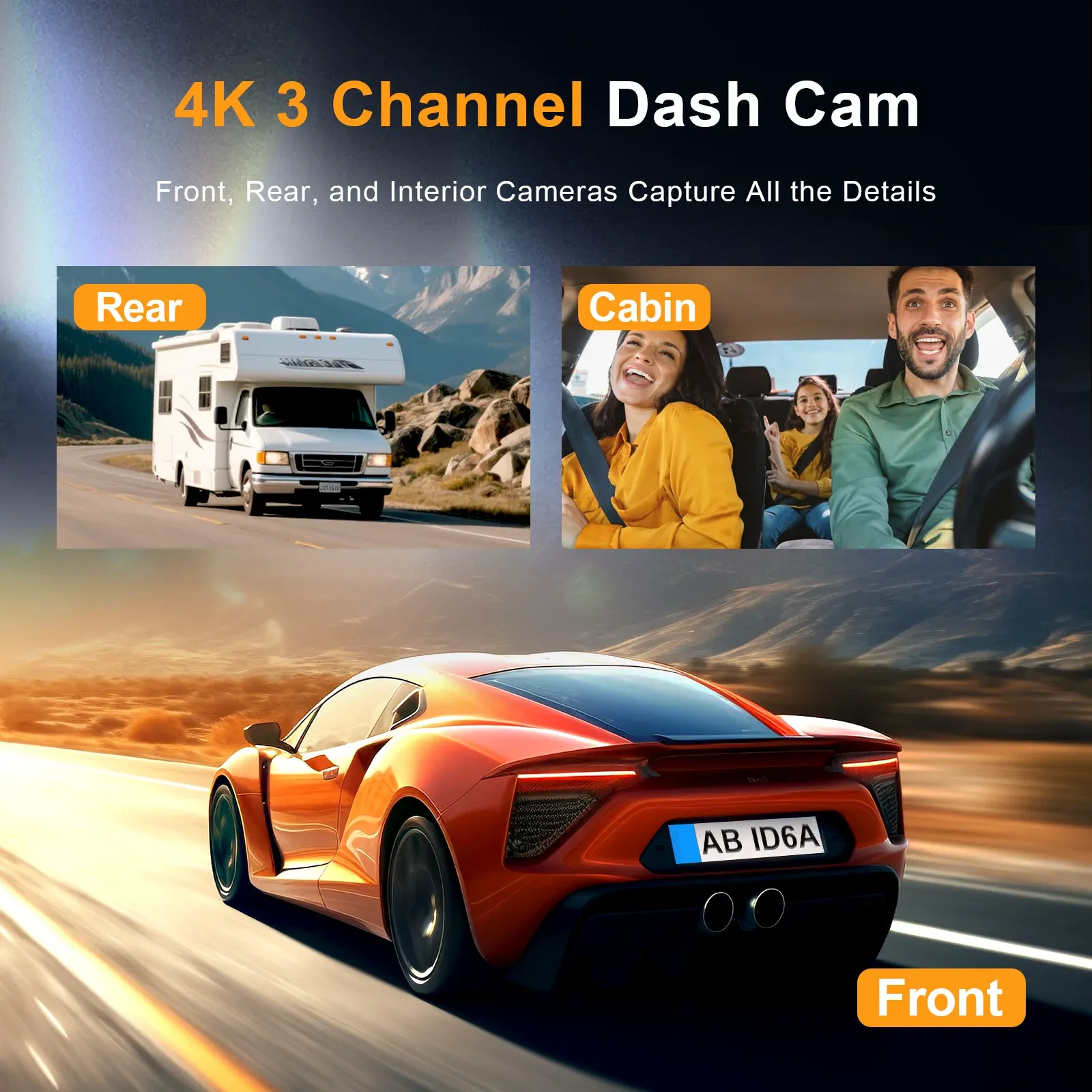 3 Channel 4K Dash Cam 5.8Ghz Wifi Dash Camera 4K+2K Front and Rear Inside Triple Car Camera Built-In GPS IR Night Vision Car DVR