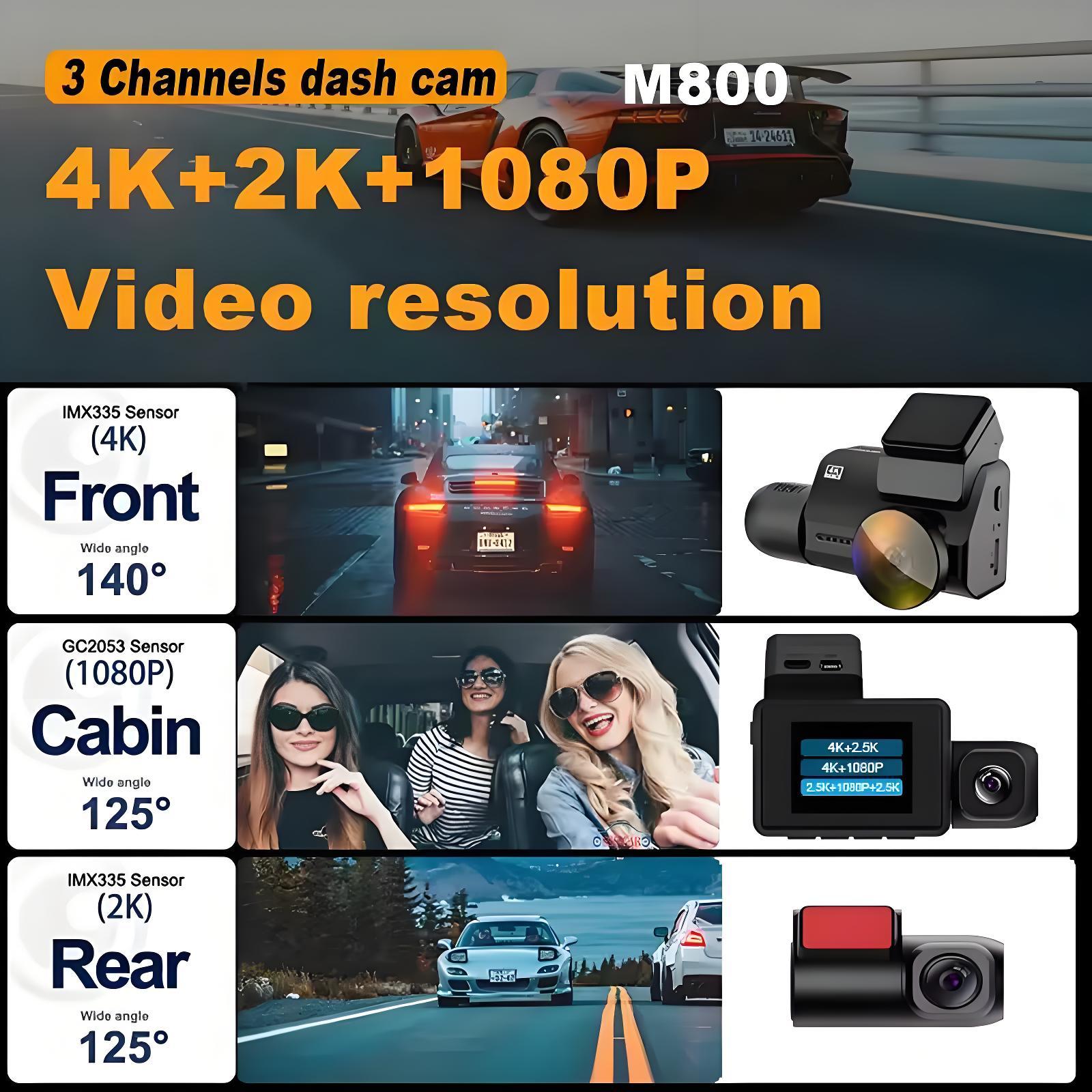 3 Channel Dash Cam 4K Car DVR Video Recorder 2 Inch 3 Lens Triple Lens Dash Camera Wifi GPS Car Camera 24H Parking Monitor