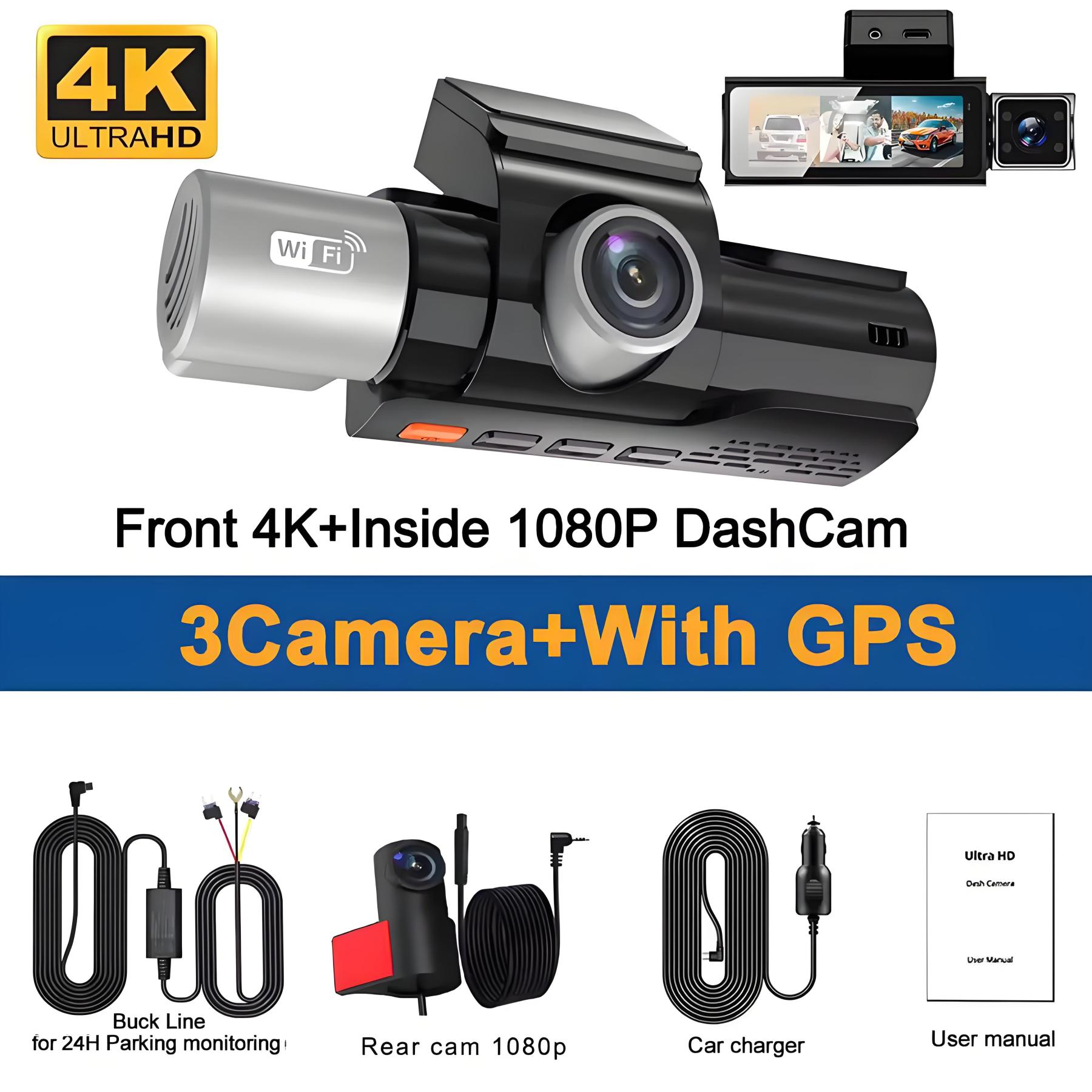 3 Channel Dash Cam for Cars Camera UHD 4K 3-Lens GPS Wifi Dashcam Video Recorder Rear View Camera for Vehicle Car DVR Camcorder