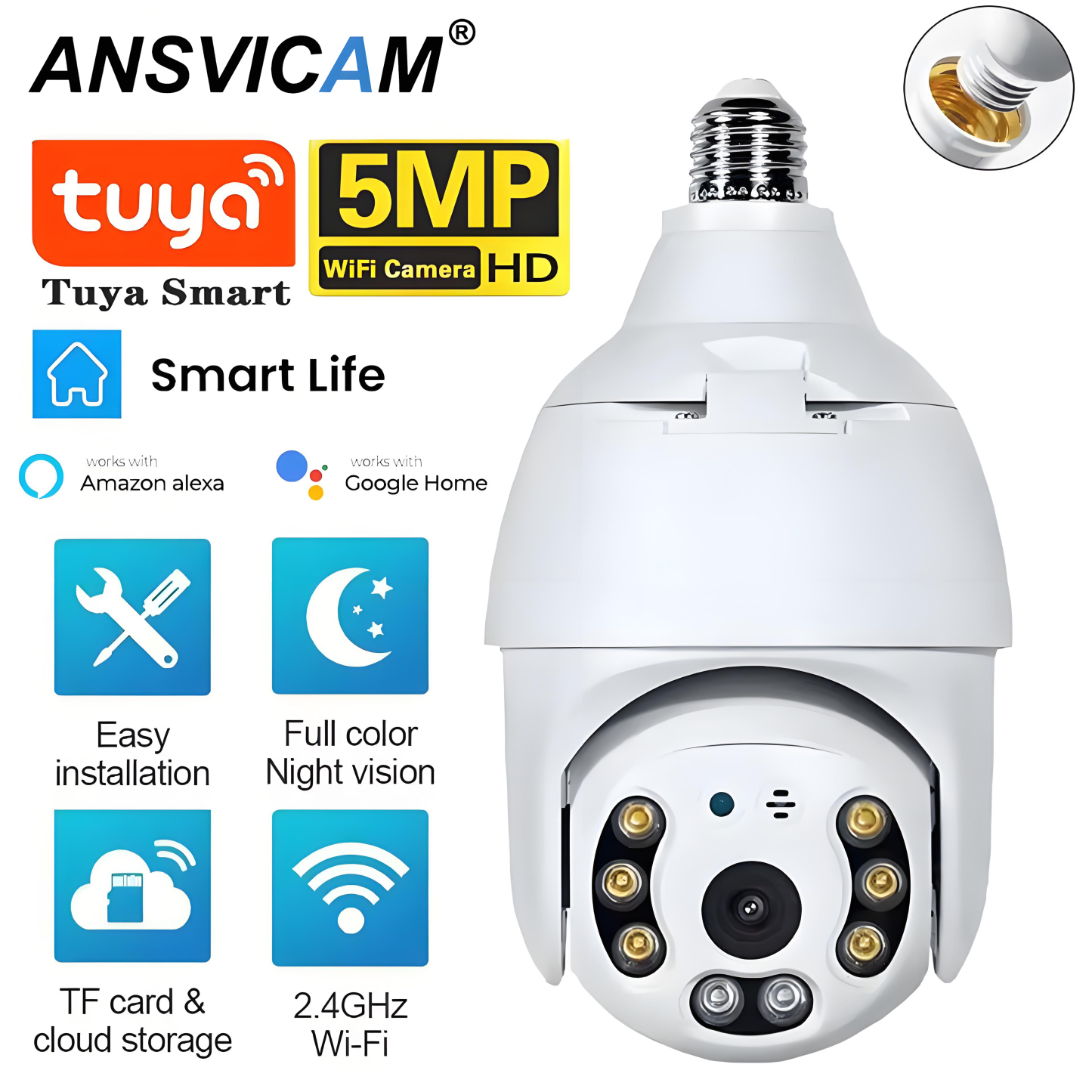 5MP Bulb Camera E27 WiFi Tuya Smart PTZ IP Security Camera CCTV Wireless Outdoor HD Video Surveillance Auto Tracking Monitoring