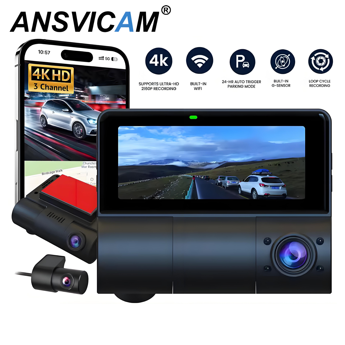 3 Channel Dash Cam 4K+1k+1k UHD Triple Dashcam with Front and Rear Inside Car DVRs Camera Built-in GPS Loop Recording Camcorder