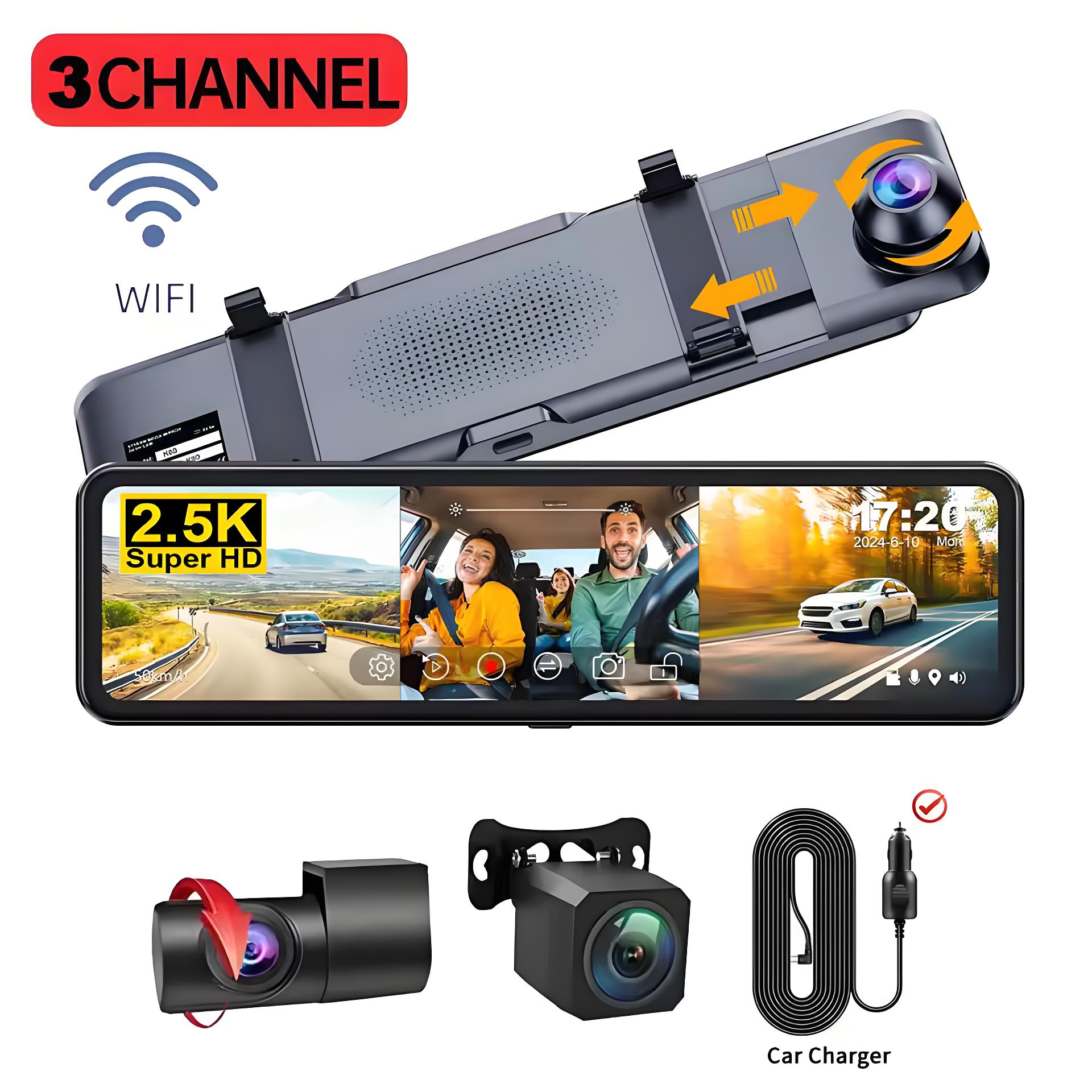 11.26" Screen 3 Channels GPS Dash Cam HD 2.5K Three Way Car Camera IPS Front and Rear Inside 3 Lens Carplay Android Auto Car DVR