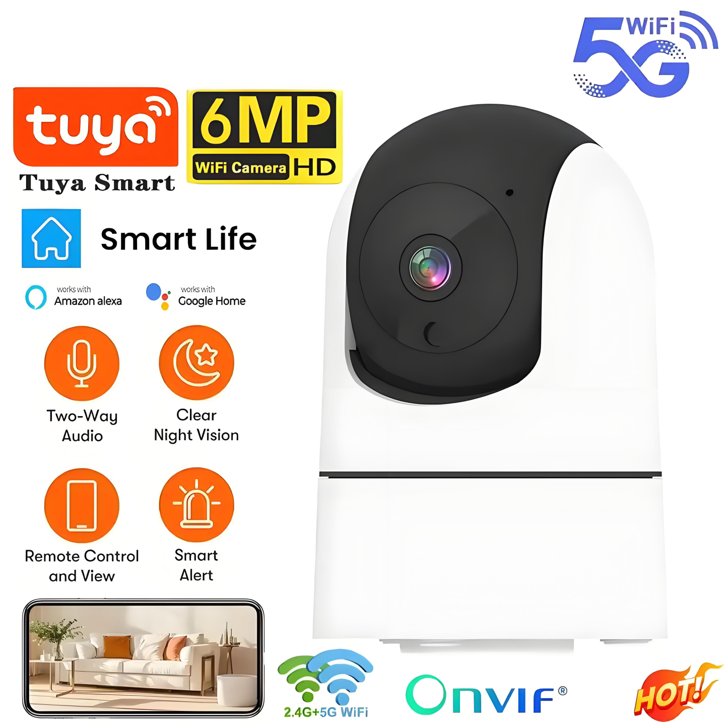 Tuya 5G/2.4G WiFi IP Camera Indoor 3MP/6MP Wireless Security Surveillance Camera Auto Tracking Baby Monitor IR Night Vision 6x Zoom Cam