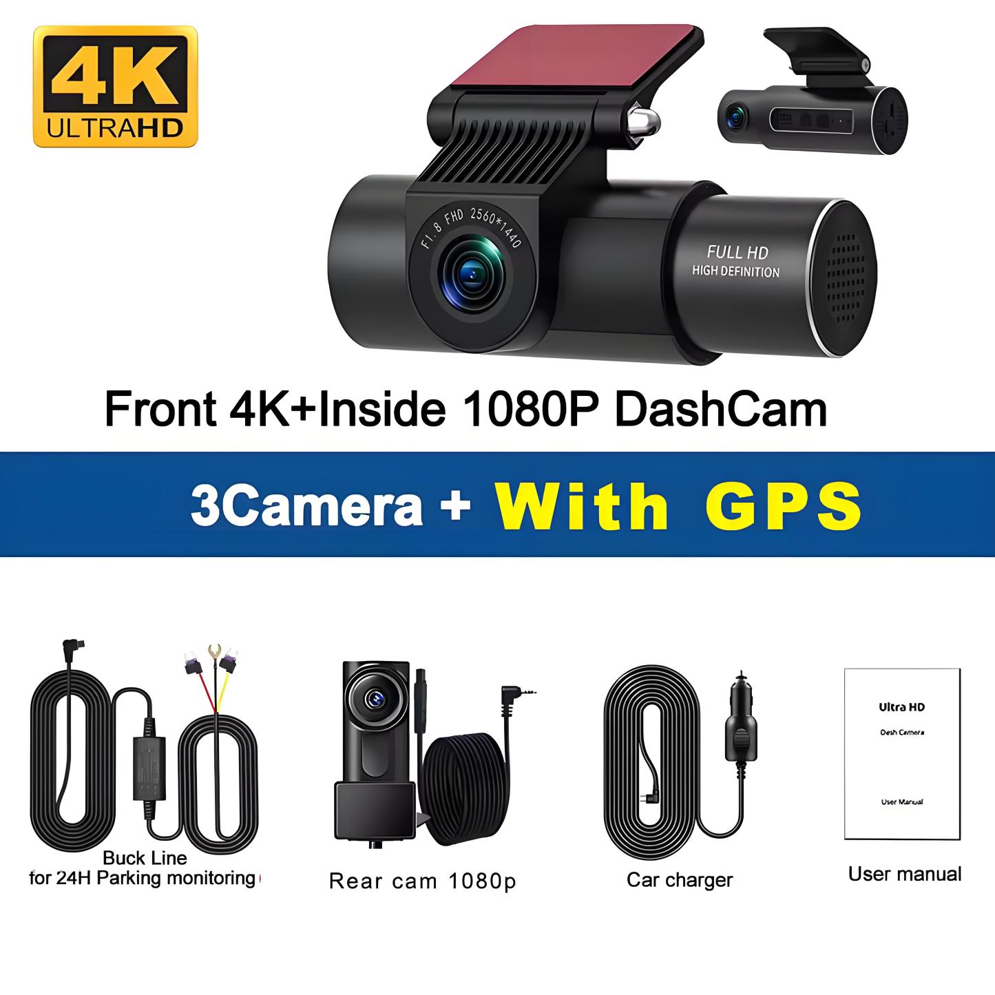  4K Car DVR 3-Channel Dash Cam Front Inside Rear View GPS WIFI Black Box for Cars Video Recorder Camera Car Accessories