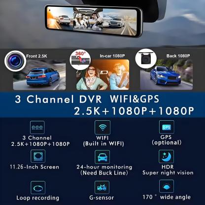 11.26" Screen 3 Channels GPS Dash Cam HD 2.5K Three Way Car Camera IPS Front and Rear Inside 3 Lens Carplay Android Auto Car DVR