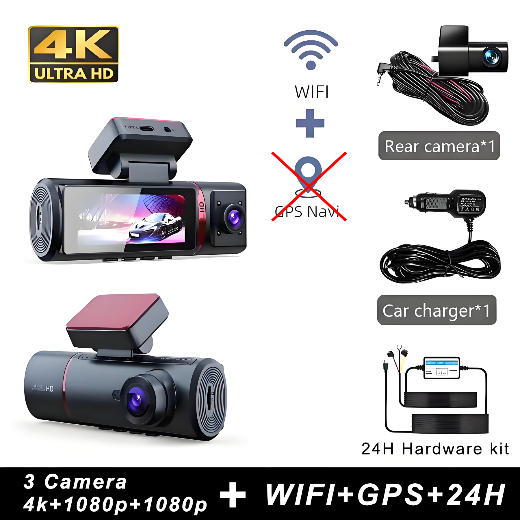 3 Channel Car DVR UHD 4K 3-Lens Inside Vehicle Dash Cam Three Way Camera DVRs Recorder Video Registrator GPS Dashcam Camcorder