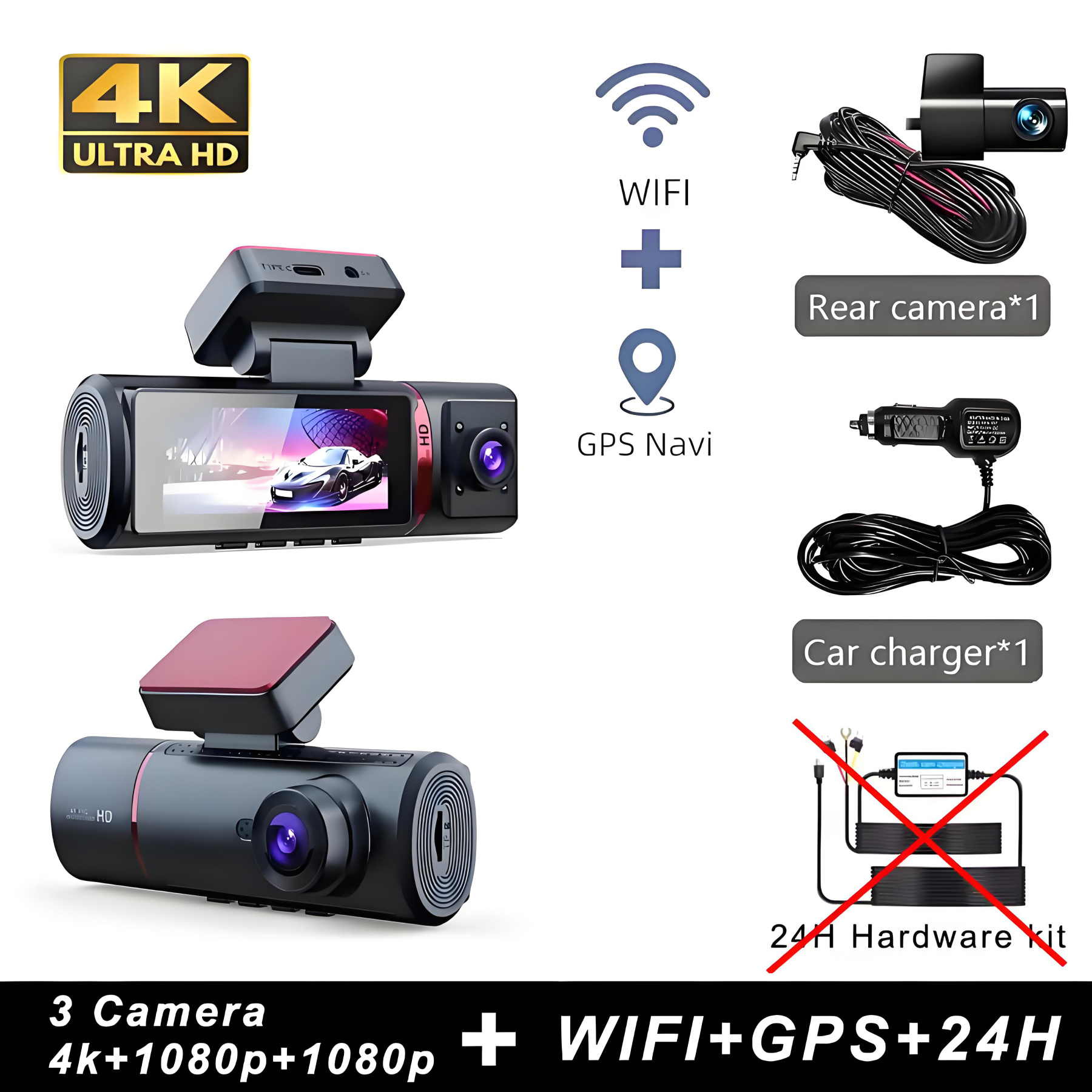 3 Channel Car DVR UHD 4K 3-Lens Inside Vehicle Dash Cam Three Way Camera DVRs Recorder Video Registrator GPS Dashcam Camcorder