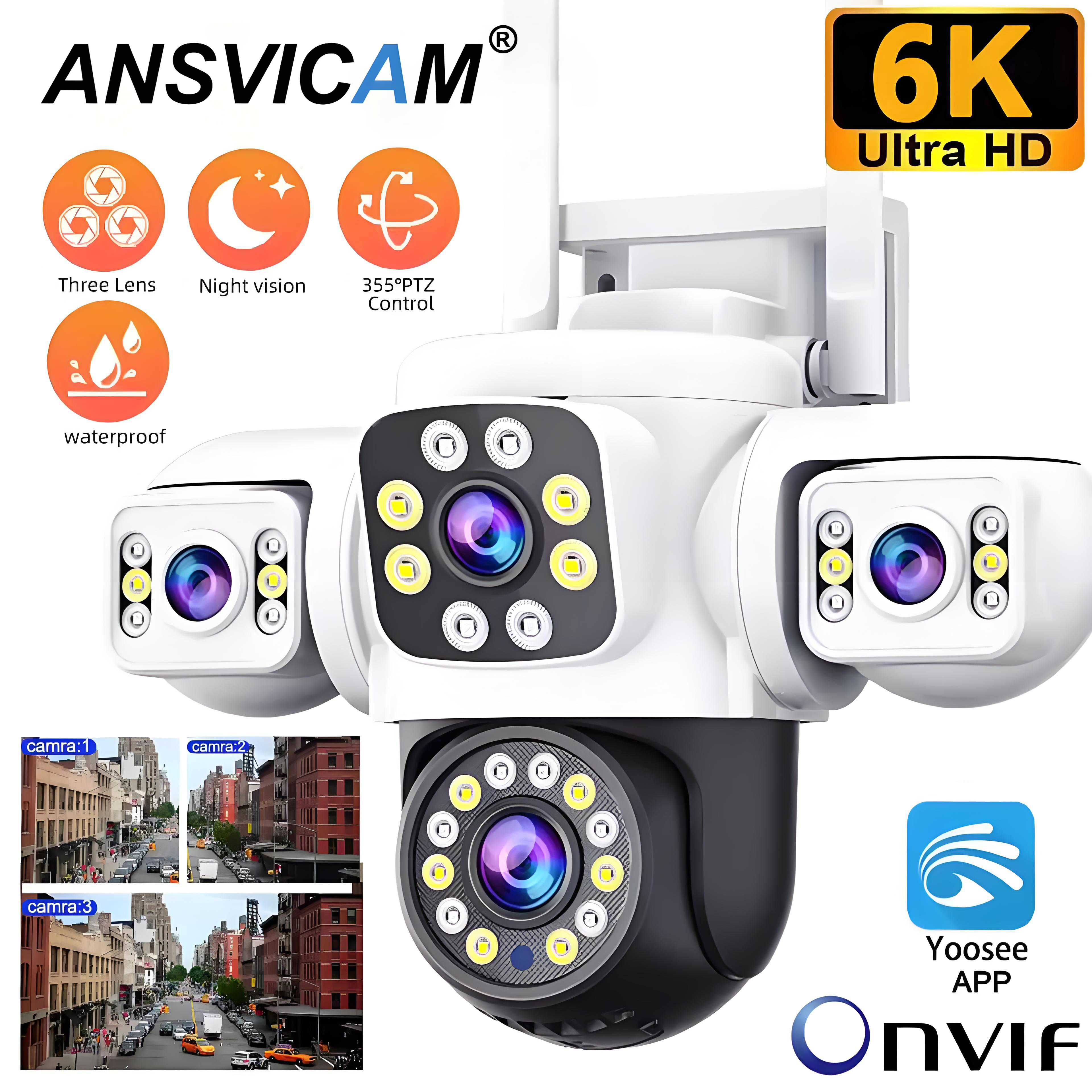 6K 12MP Three Screen WiFi IP Camera Outdoor Three Lens Security Camera AI Auto Tracking Monitoring Yoosee APP CCTV Surveillance