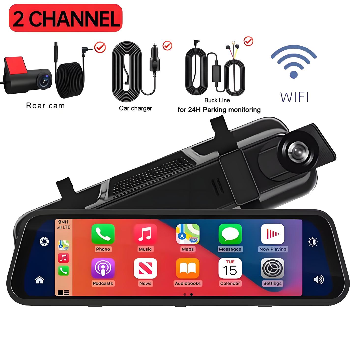 UHD 4K Mirror Dual Lens Camera Car DVR Carplay & Android Auto 2CH Dash Cam Touch Screen Video Recorder Rearview Drive Dashcam