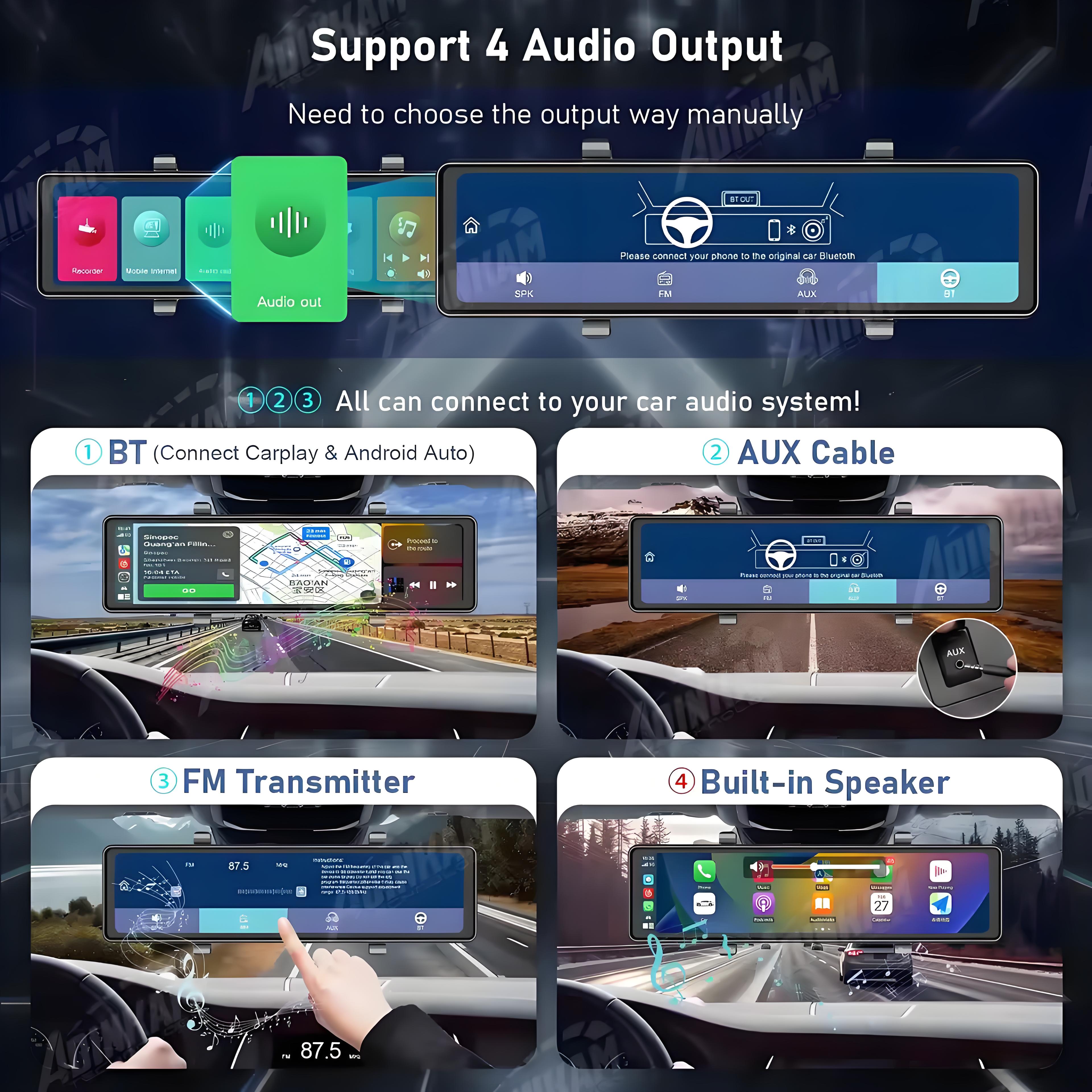 11.26" Screen 3 Channels GPS Dash Cam HD 2.5K Three Way Car Camera IPS Front and Rear Inside 3 Lens Carplay Android Auto Car DVR