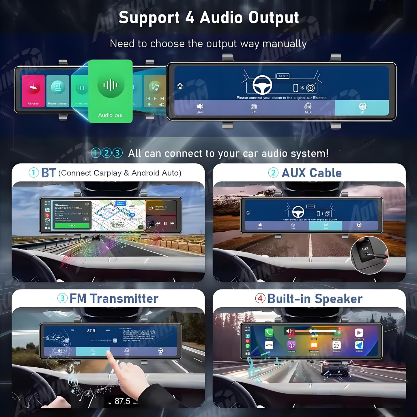 11.26" Screen 3 Channels GPS Dash Cam HD 2.5K Three Way Car Camera IPS Front and Rear Inside 3 Lens Carplay Android Auto Car DVR