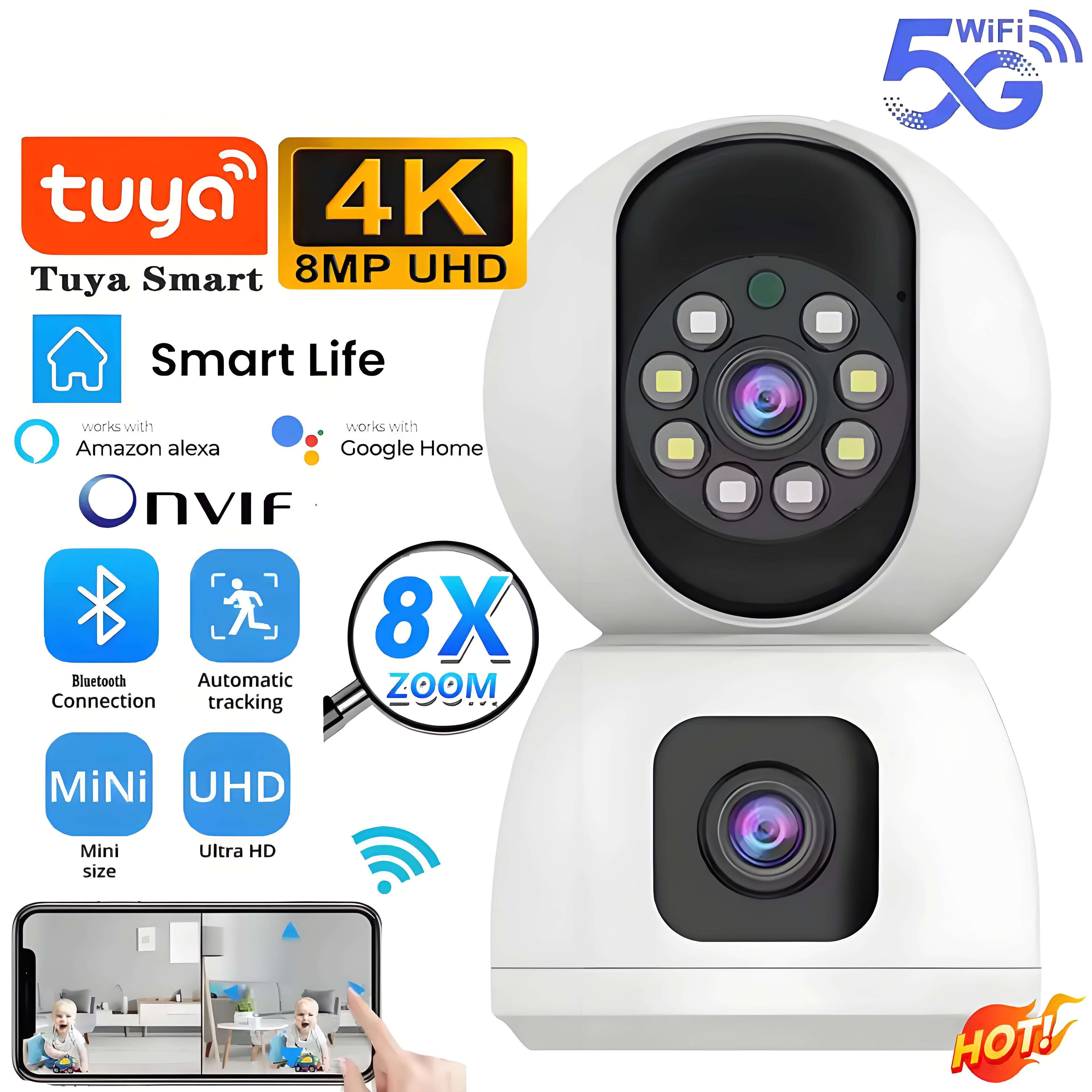 8MP Dual Lens 5G WIFI Camera Tuya Smart PTZ 4K HD Dual Screen Auto Tracking Indoor Wireless Security Video Surveillance Cameras