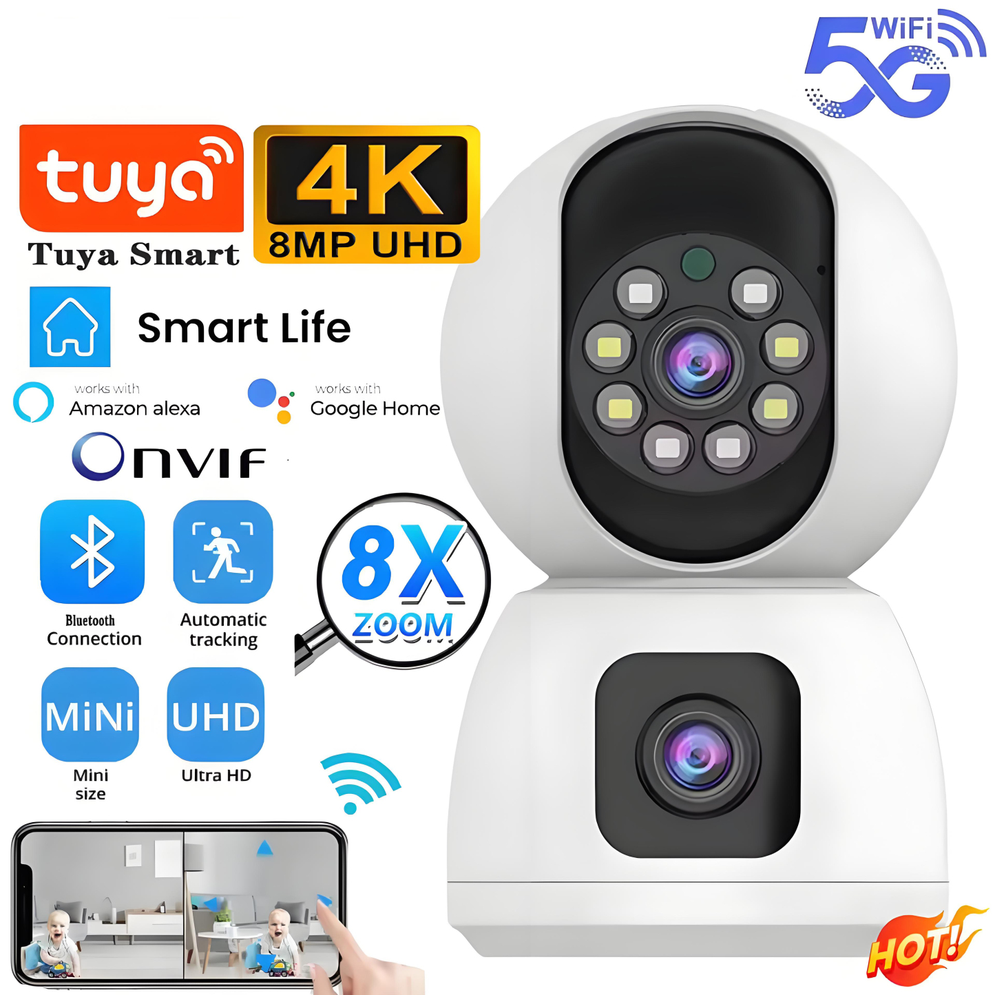 8MP Dual Lens 5G WIFI Camera Tuya Smart PTZ 4K HD Dual Screen Auto Tracking Indoor Wireless Security Video Surveillance Cameras