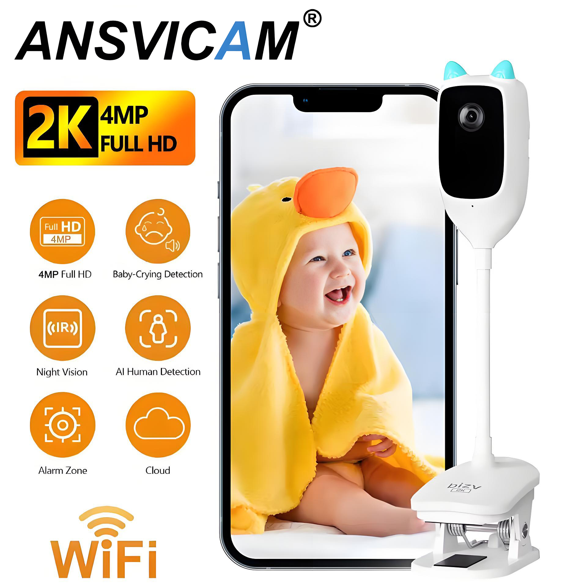 2K WiFi Baby Monitor Camera Indoor Crying Detection Baby Monitor with Holder Full-Color Night Vision 360° Rotation Video Camera