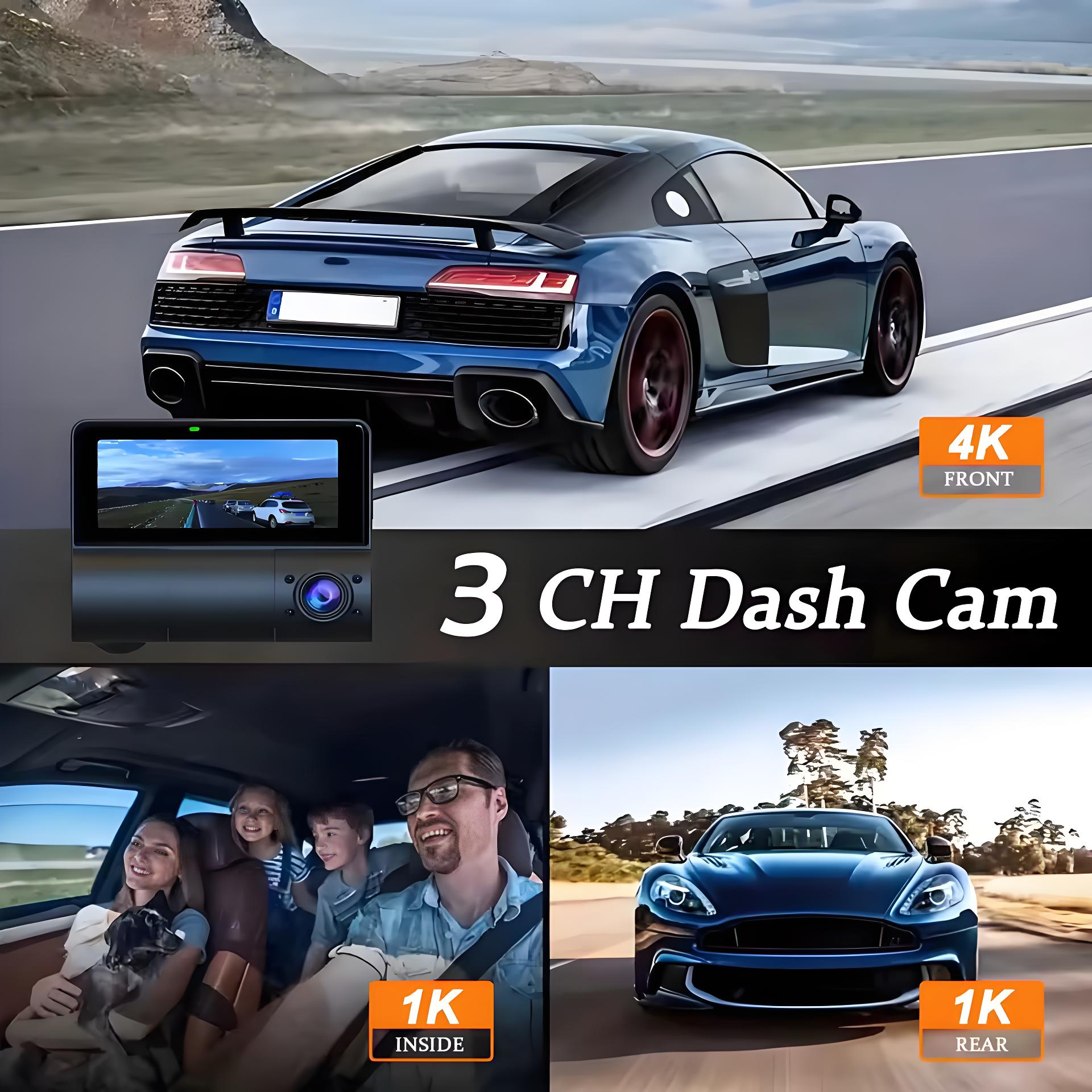 3 Channel Dash Cam 4K+1k+1k UHD Triple Dashcam with Front and Rear Inside Car DVRs Camera Built-in GPS Loop Recording Camcorder