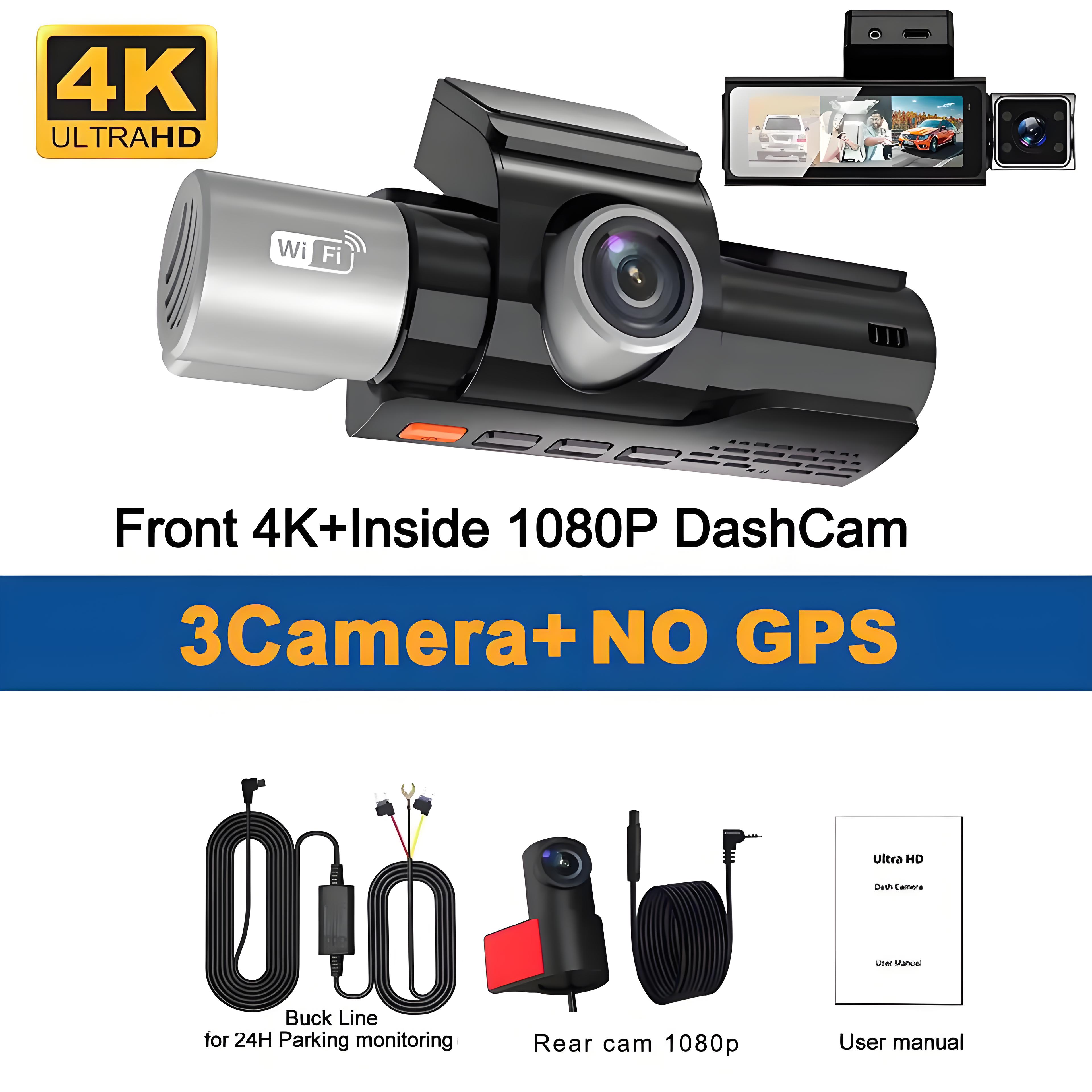 3 Channel Dash Cam for Cars Camera UHD 4K 3-Lens GPS Wifi Dashcam Video Recorder Rear View Camera for Vehicle Car DVR Camcorder