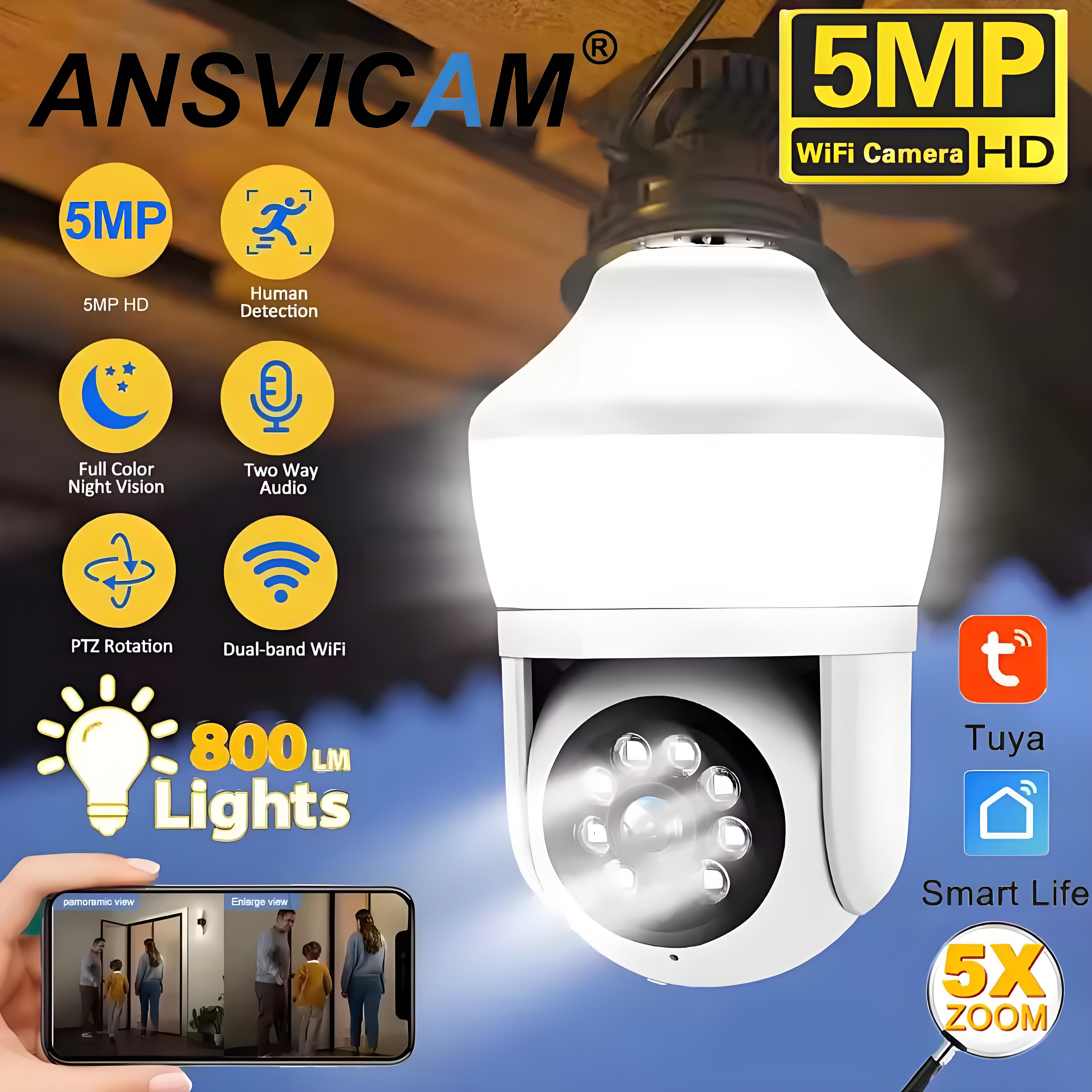 Tuya E27 Light Bulb Dual Screen WiFi Camera 5MP Indoor 5x Zoom PTZ Security Camera IR Color Night Vision Wireless Surveillance