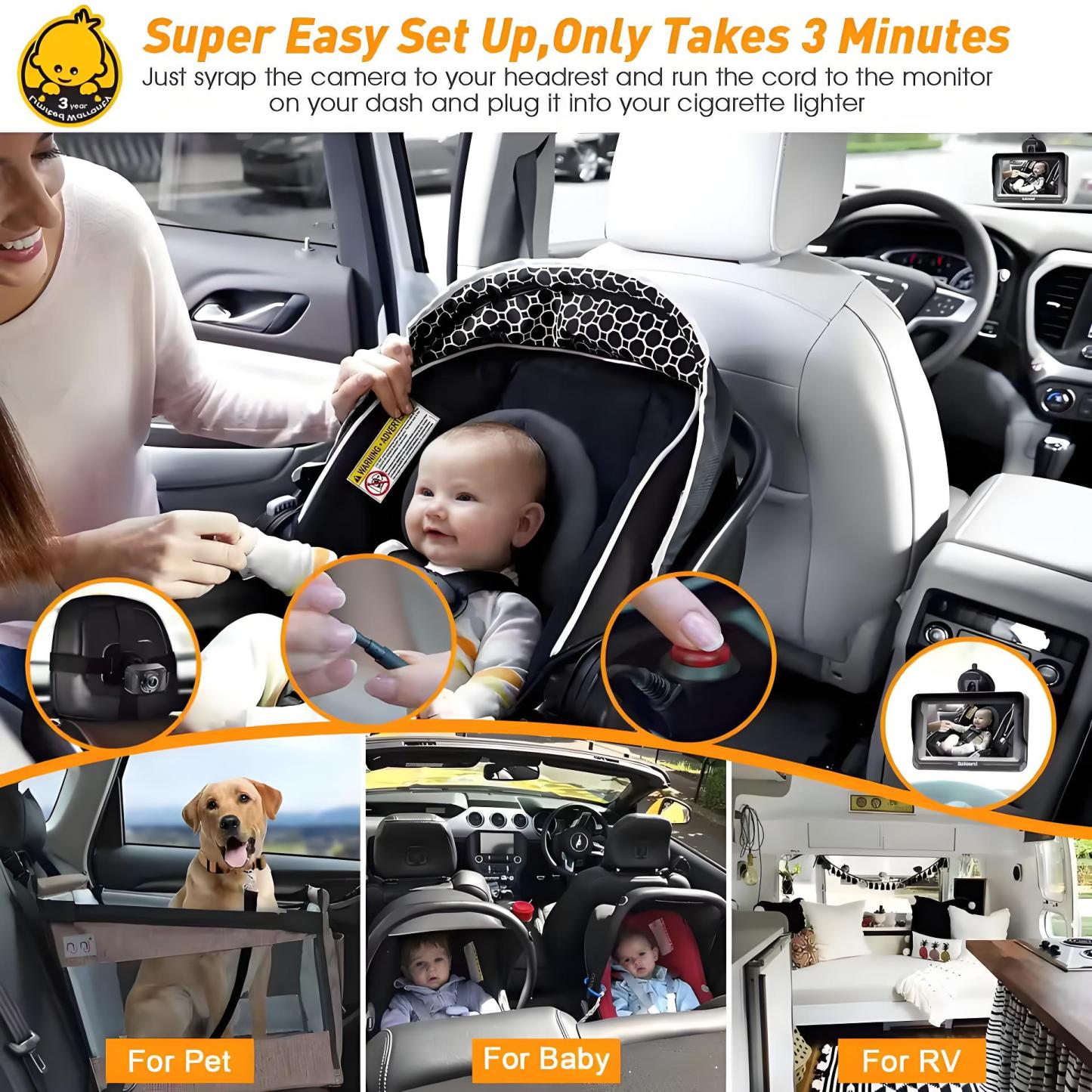 Baby Car Camera 7 " 1080P FHD Dual Car Baby Mirror 360 Degree Rotating Backseat Camera for 2 Kids Clear Night Vision Easy Setup
