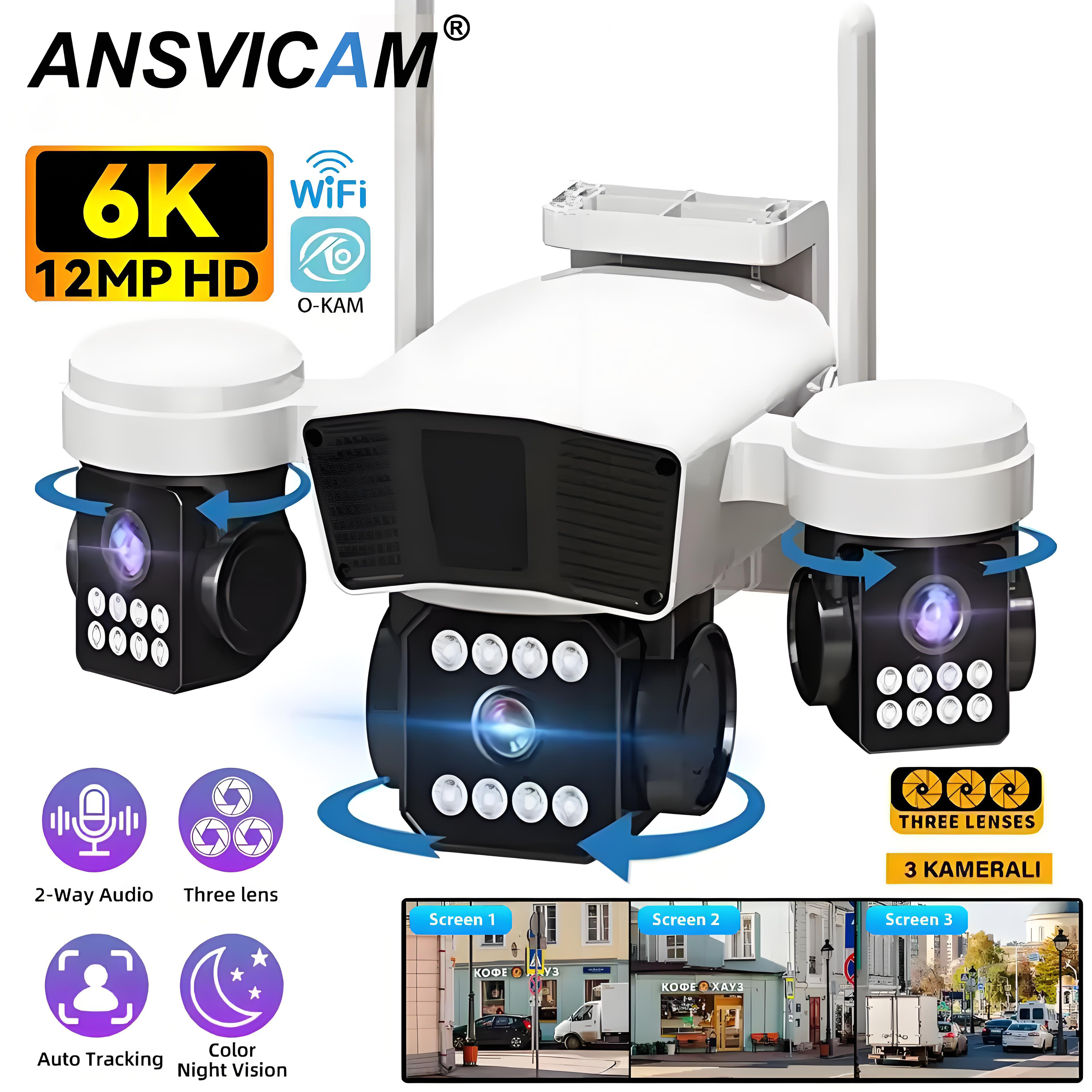 Three Lens PTZ IP Camera Outdoor 6K 12MP HD Three Screen WiFi Security Camera Auto Tracking Triple Screens Wireless CCTV Camera