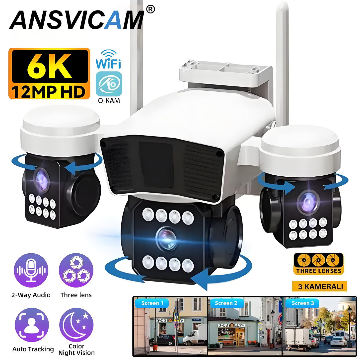 Three Lens PTZ IP Camera Outdoor 6K 12MP HD Three Screen WiFi Security Camera Auto Tracking Triple Screens Wireless CCTV Camera