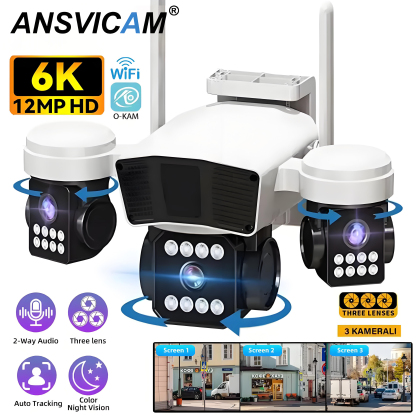 Three Lens PTZ IP Camera Outdoor 6K 12MP HD Three Screen WiFi Security Camera Auto Tracking Triple Screens Wireless CCTV Camera