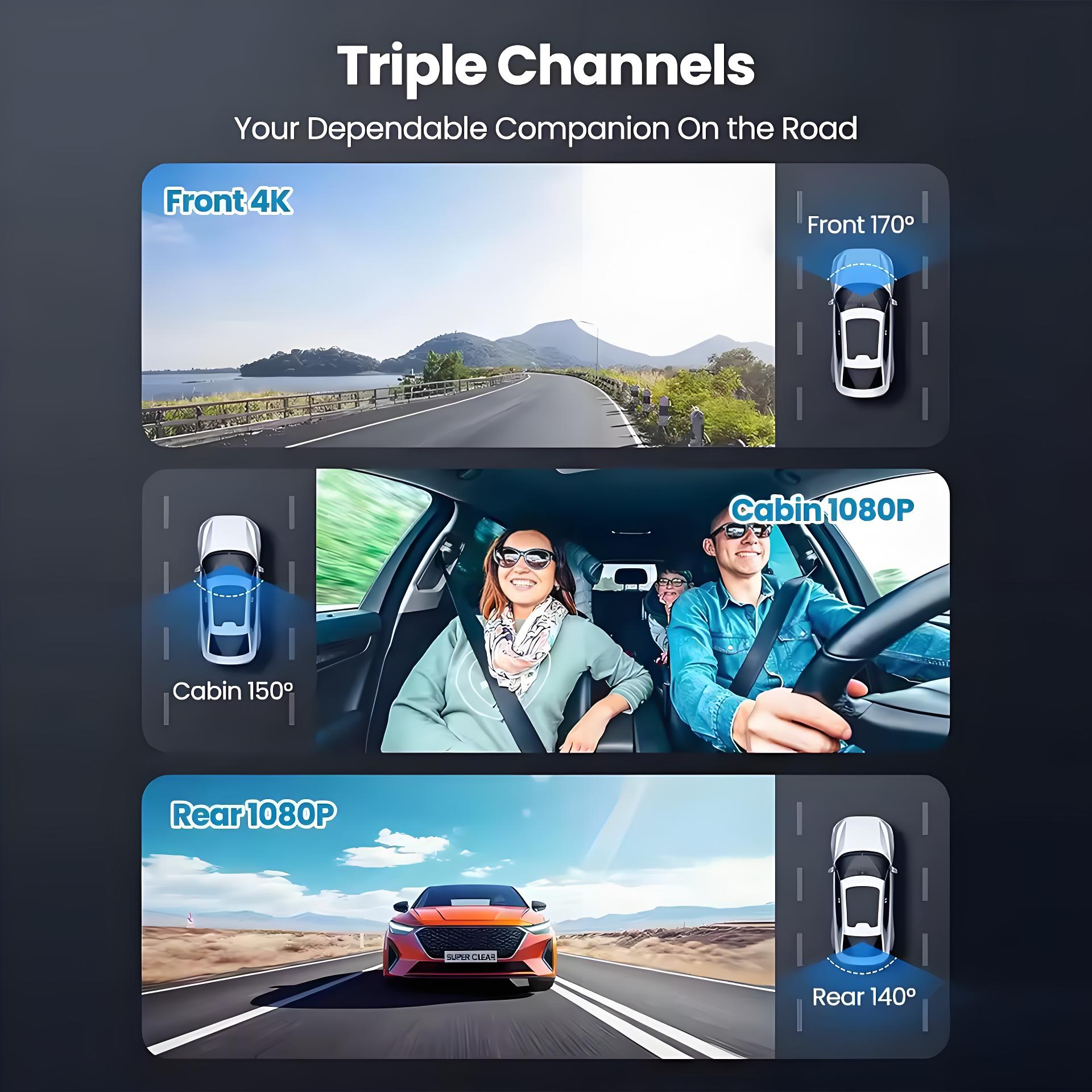 3 Channel Dash Cam for Cars Camera UHD 4K 3-Lens GPS Wifi Dashcam Video Recorder Rear View Camera for Vehicle Car DVR Camcorder