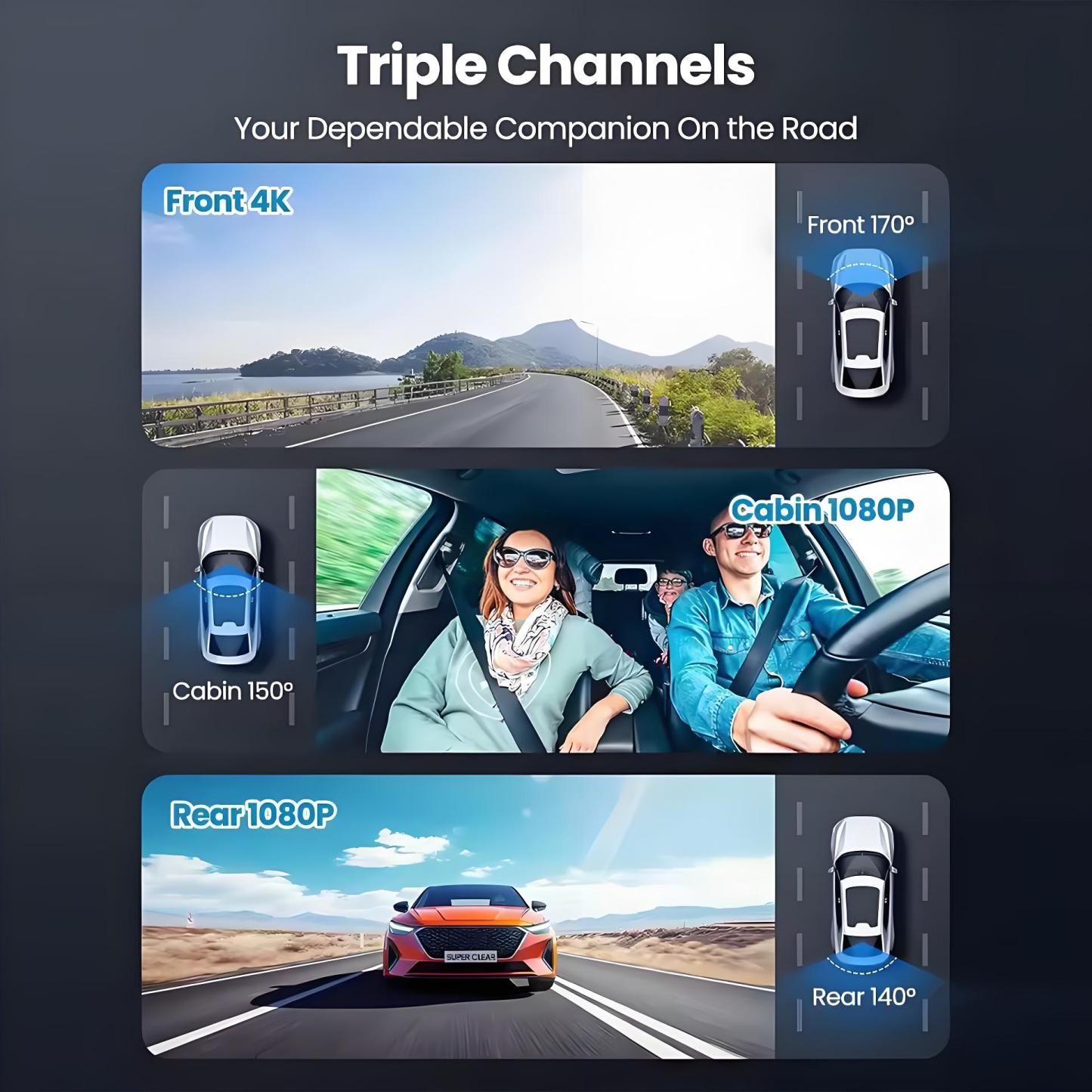 3 Channel Dash Cam for Cars Camera UHD 4K 3-Lens GPS Wifi Dashcam Video Recorder Rear View Camera for Vehicle Car DVR Camcorder