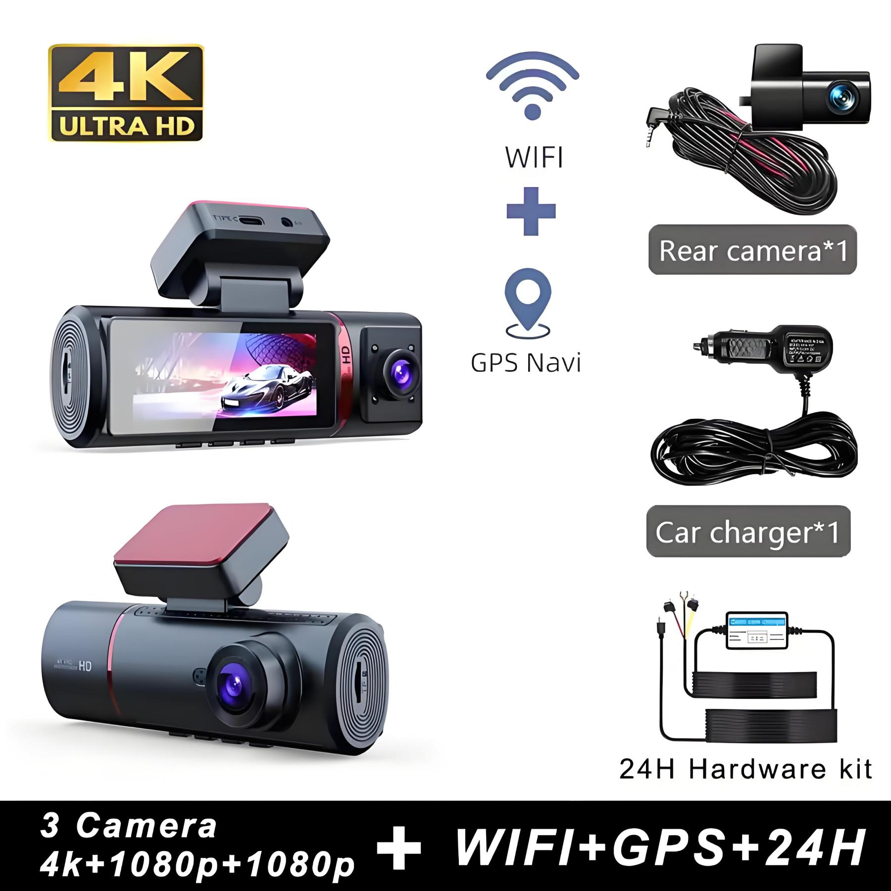 3 Channel Car DVR UHD 4K 3-Lens Inside Vehicle Dash Cam Three Way Camera DVRs Recorder Video Registrator GPS Dashcam Camcorder