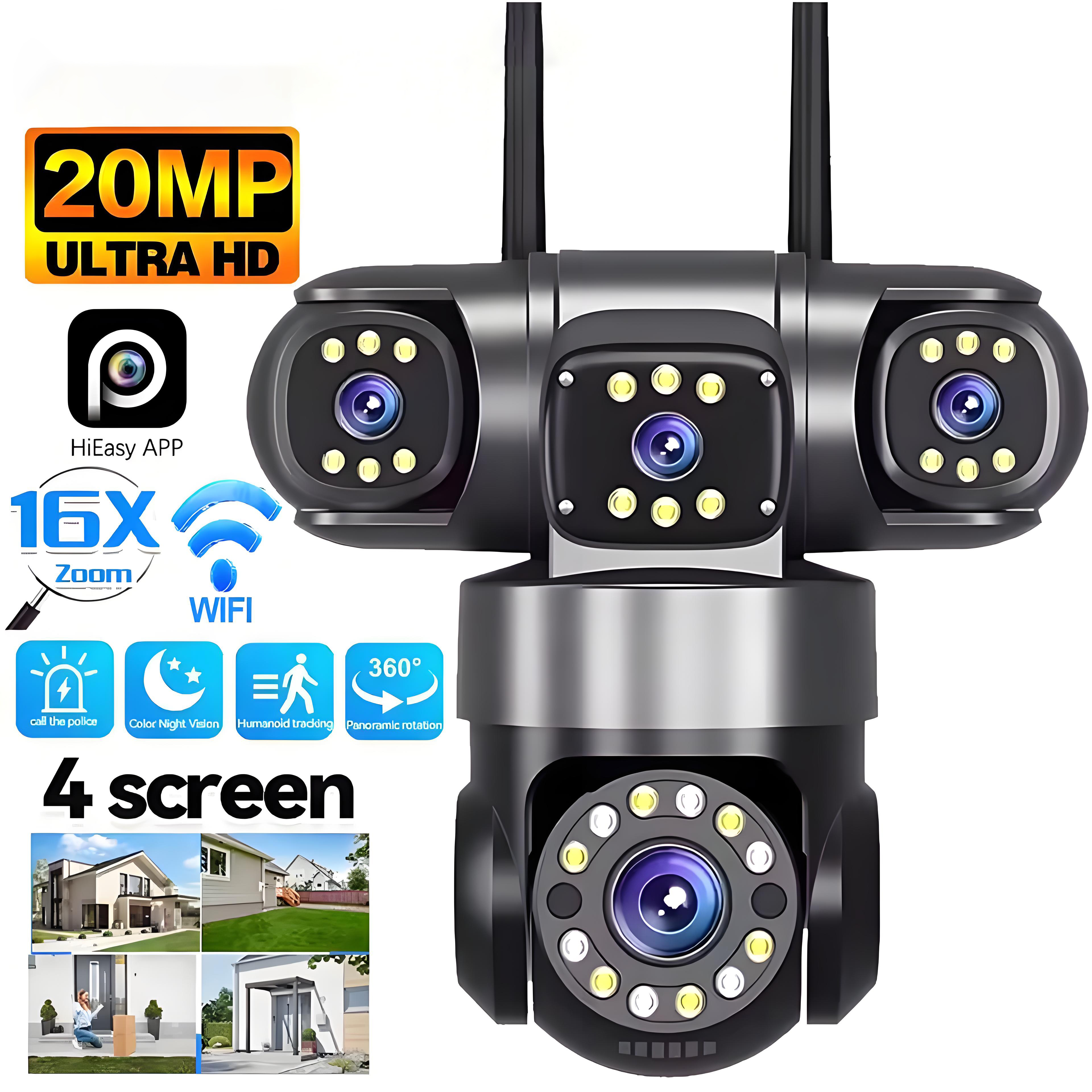 10K 20MP Home Security Outdoor WiFi Camera 4 Lens 4 Screen 360° 16X Zoom CCTV Wireless Surveillance PTZ Cam Security Protection