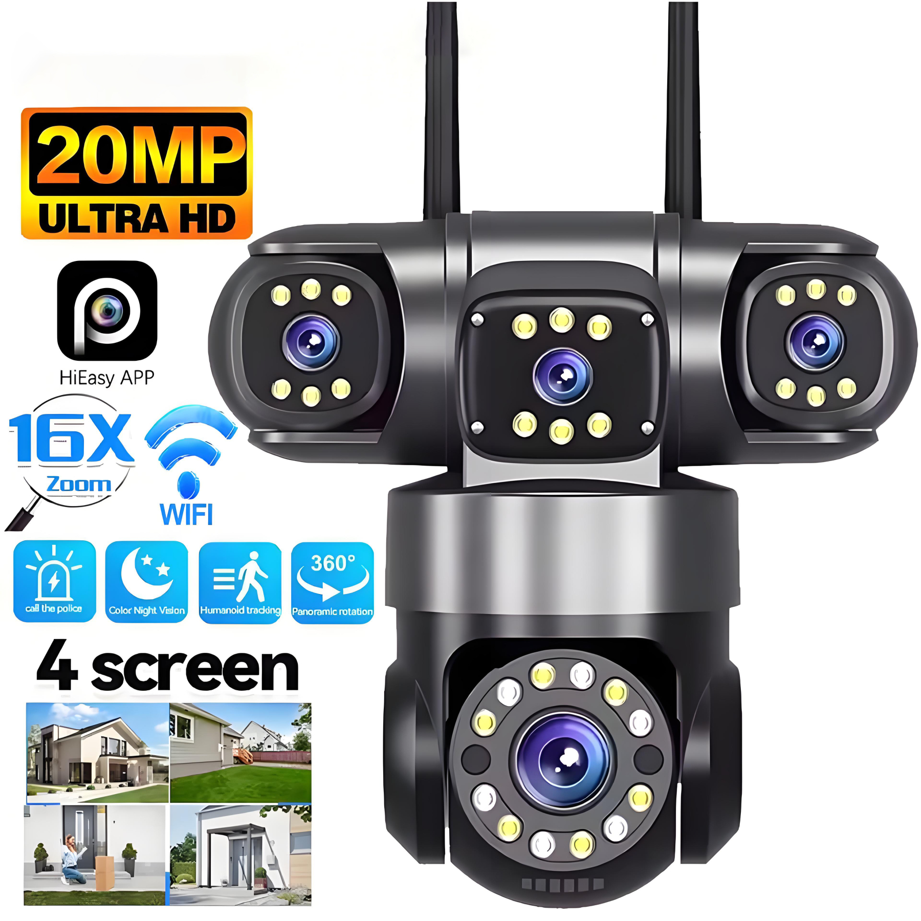 10K 20MP Home Security Outdoor WiFi Camera 4 Lens 4 Screen 360° 16X Zoom CCTV Wireless Surveillance PTZ Cam Security Protection