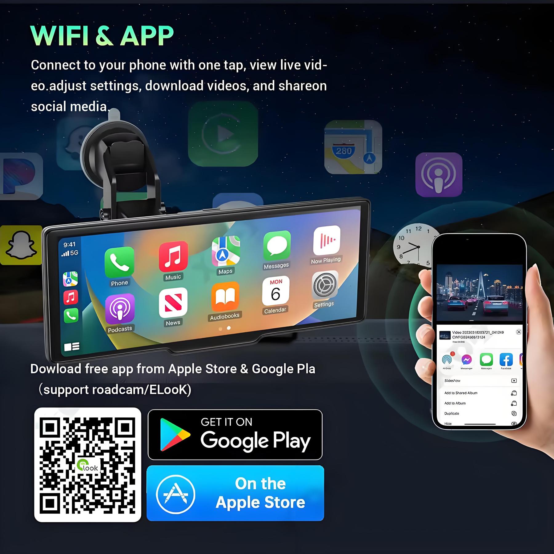 Wireless Apple Carplay Screen for Car 4K Dash Cam and 720P Backup Camera 10.26Inch Carplay & Android with GPS Navigation Dashcam