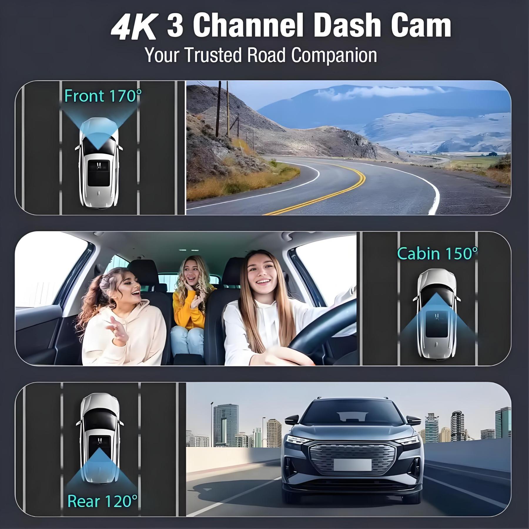 3 Channel Dash Cam 4K Car DVR Video Recorder 2 Inch 3 Lens Triple Lens Dash Camera Wifi GPS Car Camera 24H Parking Monitor